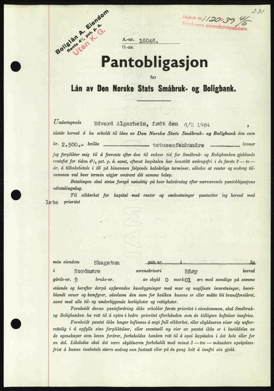 Nordmøre sorenskriveri, SAT/A-4132/1/2/2Ca: Pantebok nr. B85, 1939-1939, Dagboknr: 1120/1939
