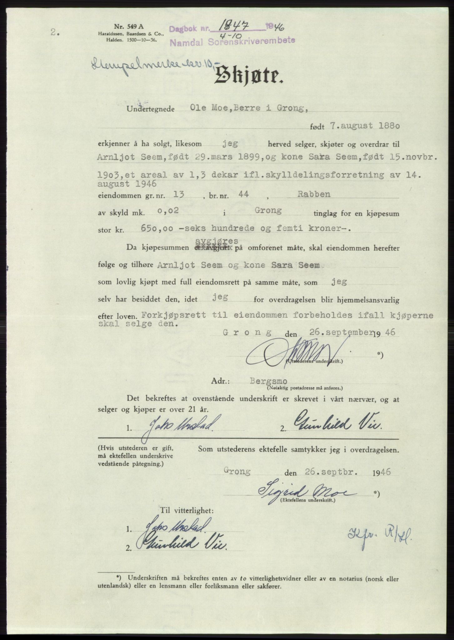 Namdal sorenskriveri, SAT/A-4133/1/2/2C: Pantebok nr. -, 1946-1947, Dagboknr: 1847/1946