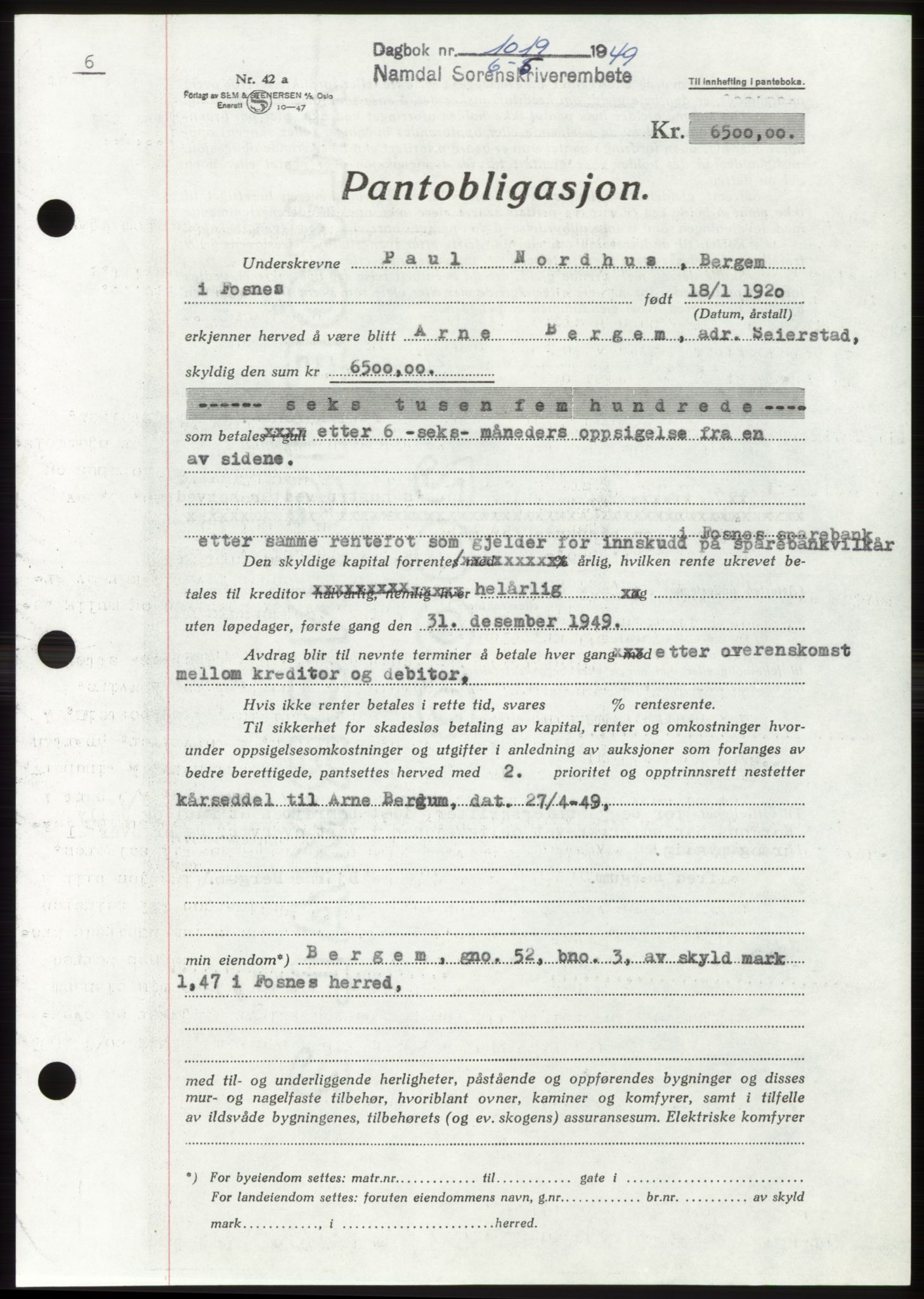 Namdal sorenskriveri, SAT/A-4133/1/2/2C: Pantebok nr. -, 1949-1949, Dagboknr: 1019/1949