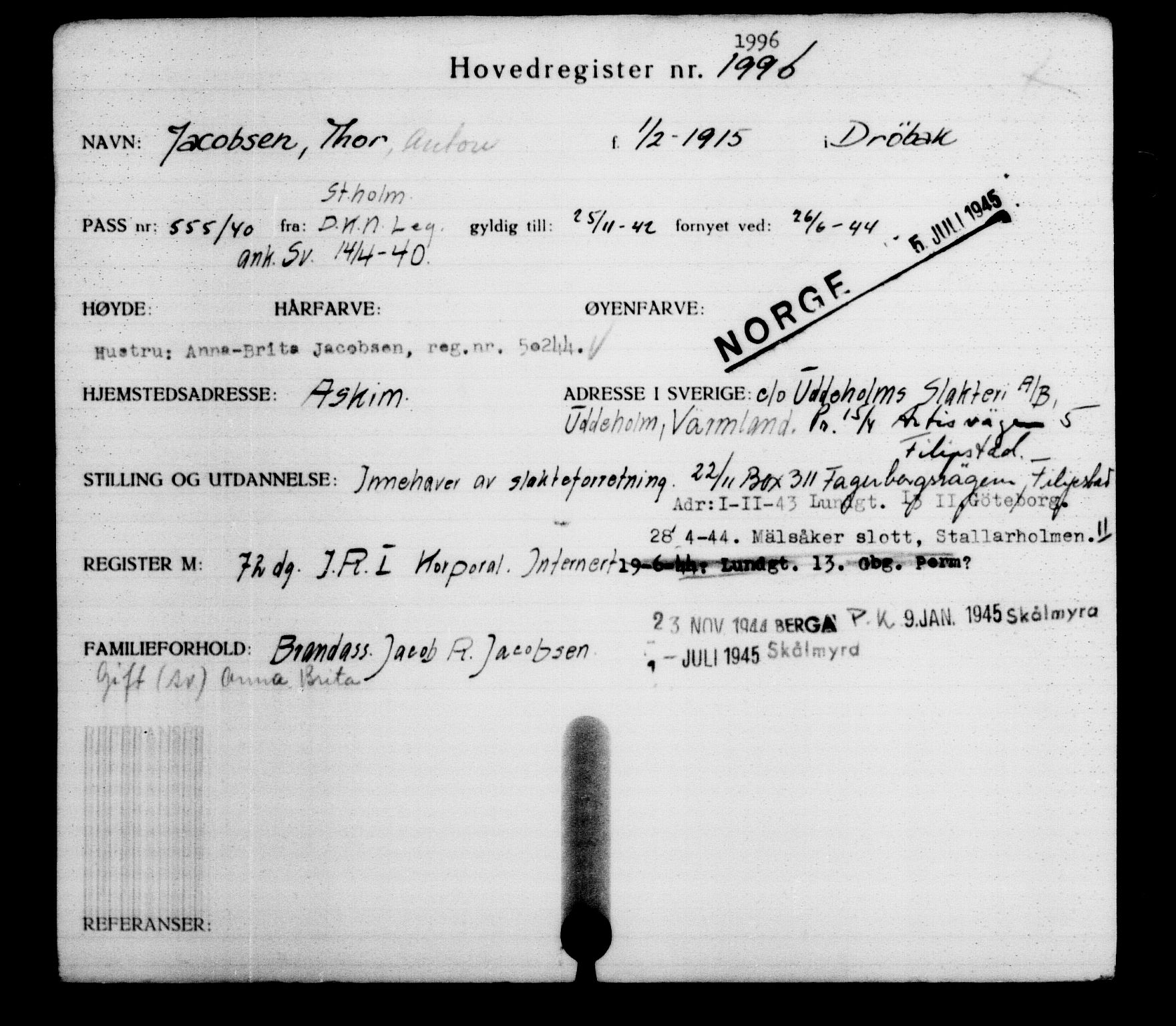 Den Kgl. Norske Legasjons Flyktningskontor, AV/RA-S-6753/V/Va/L0002: Kjesäterkartoteket.  Flyktningenr. 1001-2000, 1940-1945, s. 1416