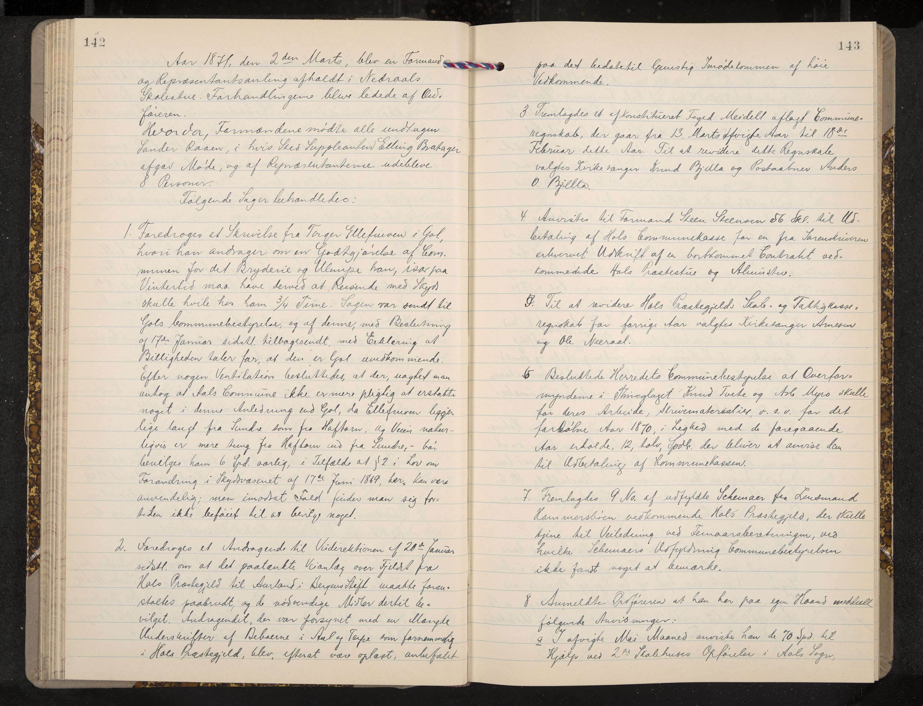 Ål formannskap og sentraladministrasjon, IKAK/0619021/A/Aa/L0003: Utskrift av møtebok, 1864-1880, s. 142-143