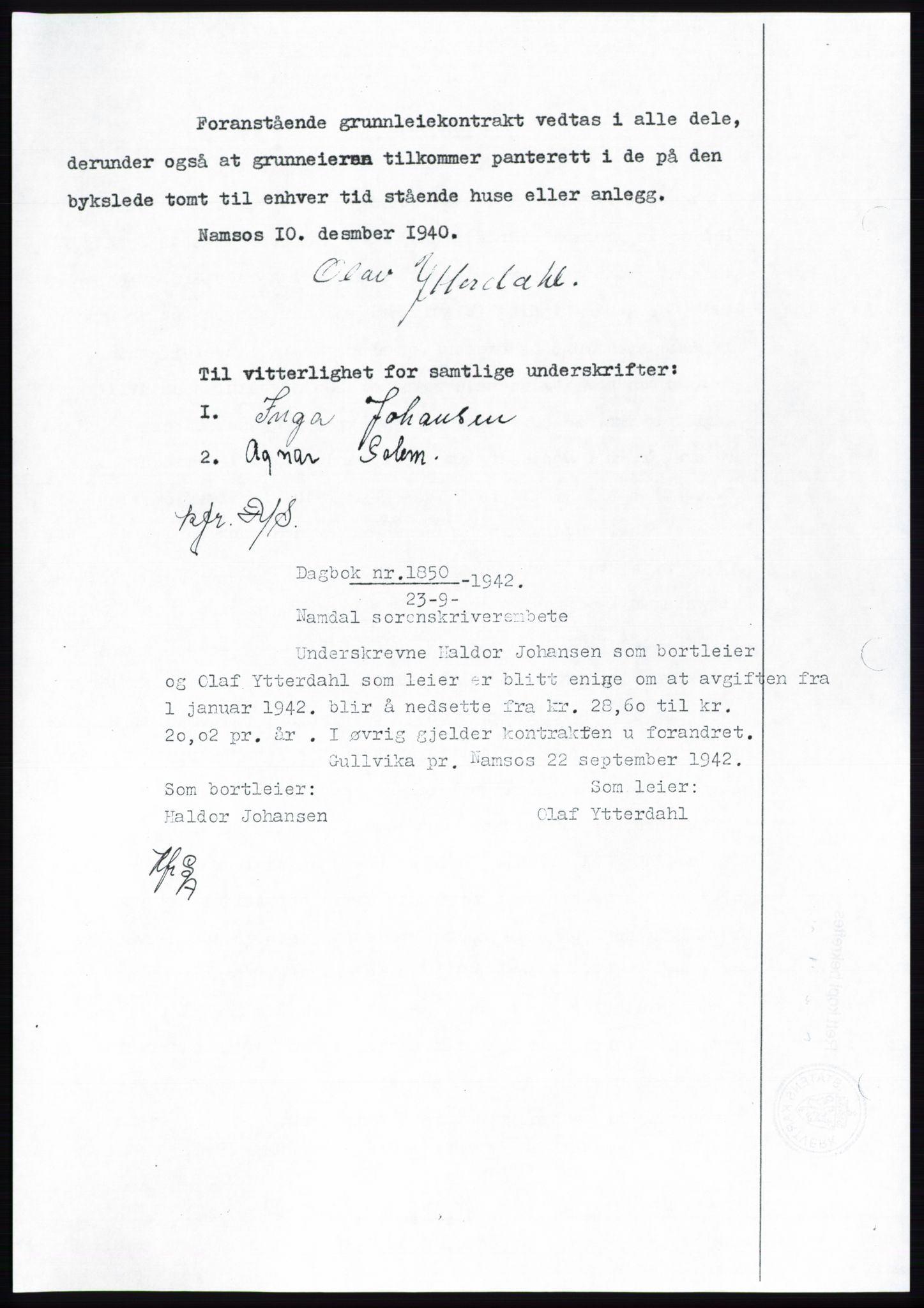 Namdal sorenskriveri, SAT/A-4133/1/2/2C: Pantebok nr. -, 1942-1943, Dagboknr: 1850/1942