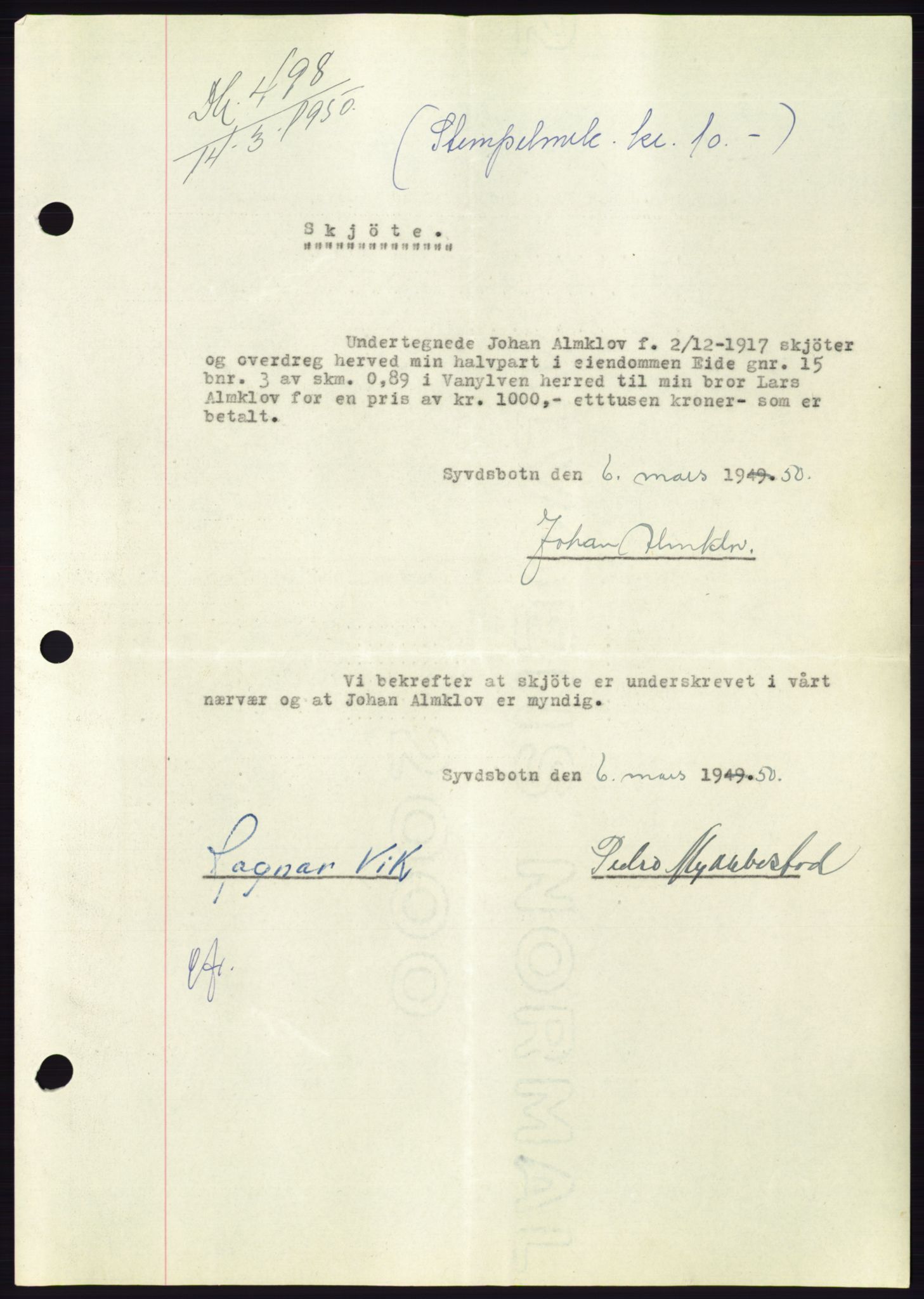 Søre Sunnmøre sorenskriveri, SAT/A-4122/1/2/2C/L0086: Pantebok nr. 12A, 1949-1950, Dagboknr: 498/1950