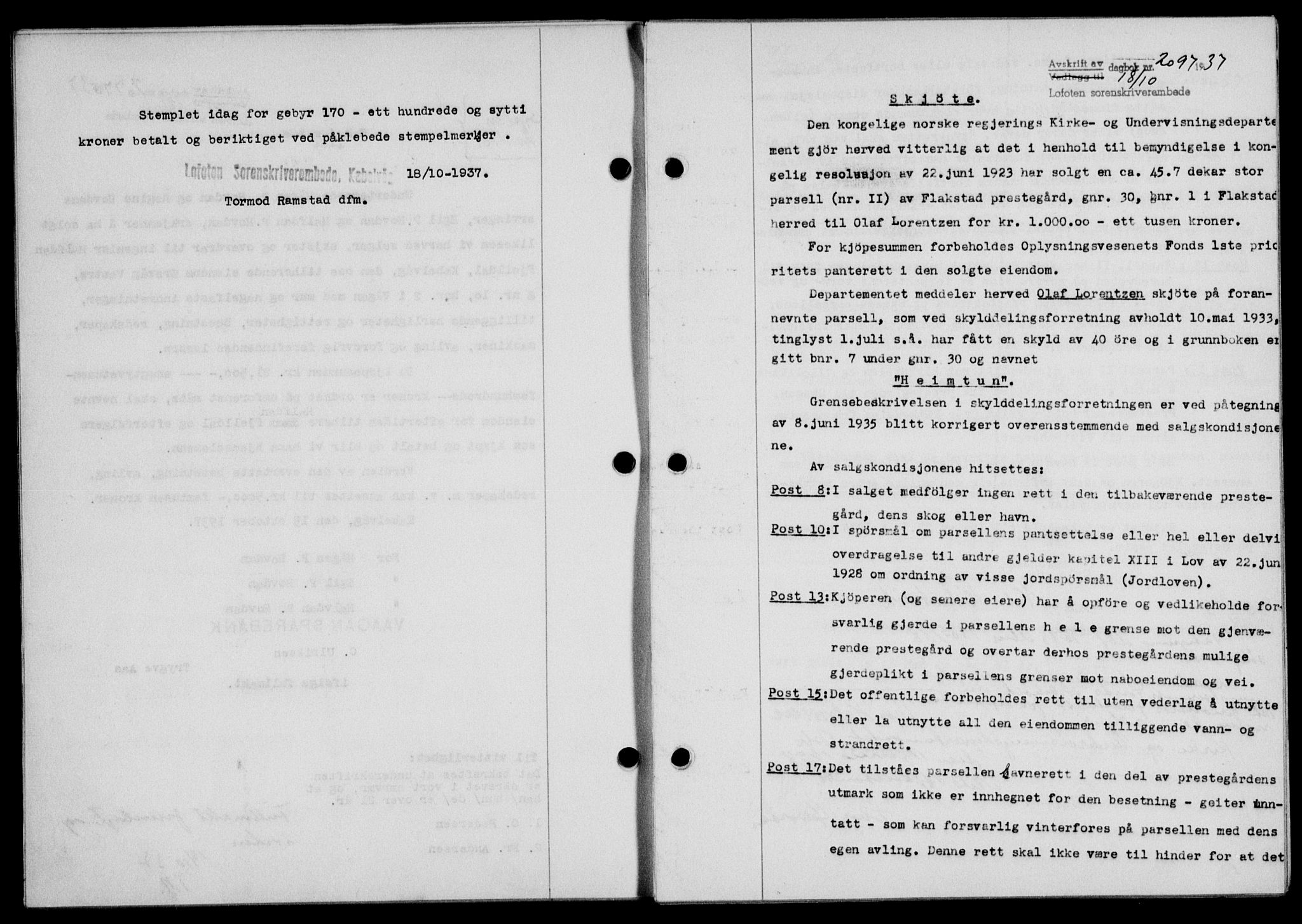 Lofoten sorenskriveri, SAT/A-0017/1/2/2C/L0003a: Pantebok nr. 3a, 1937-1938, Dagboknr: 2097/1937