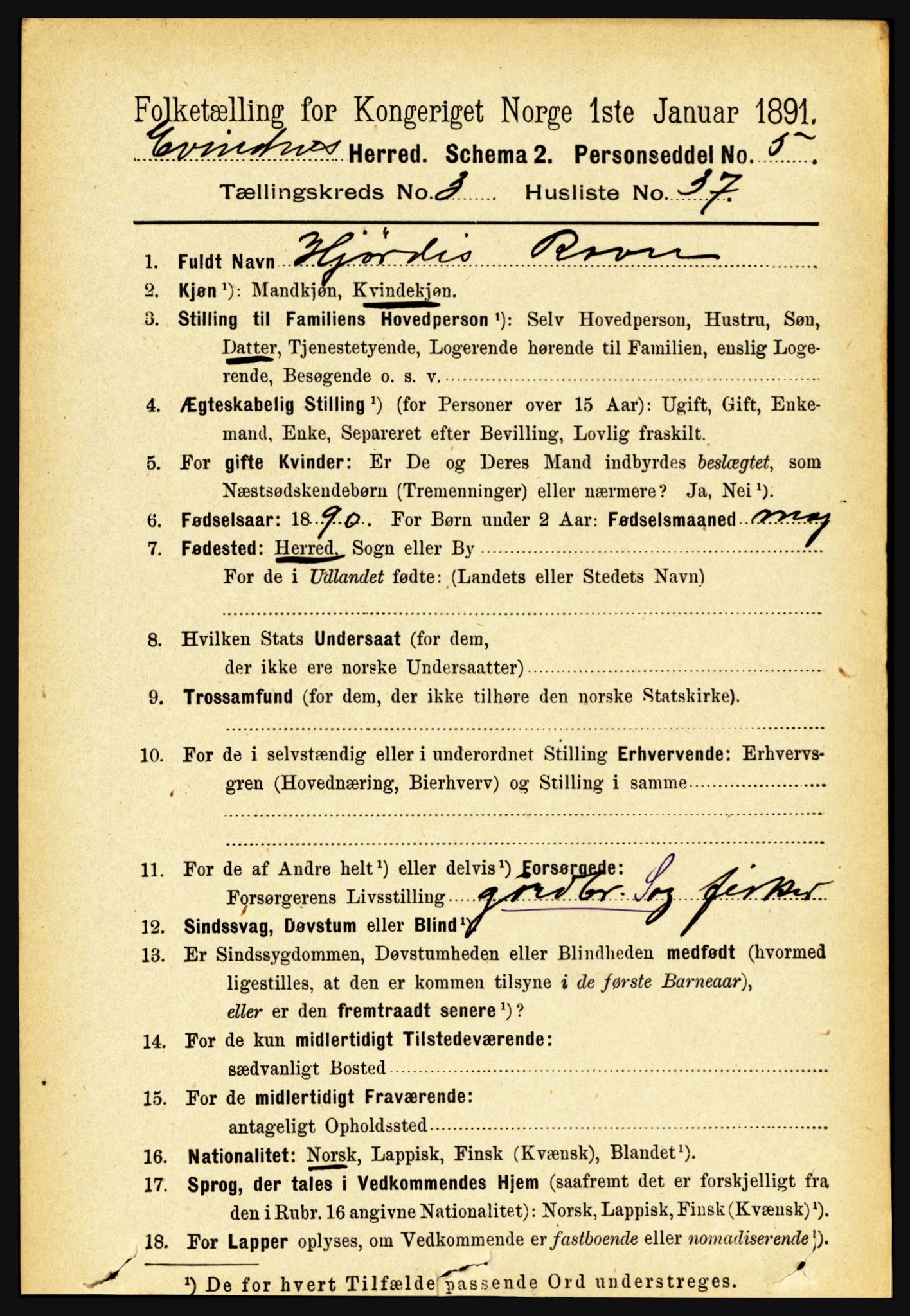 RA, Folketelling 1891 for 1853 Evenes herred, 1891, s. 1011