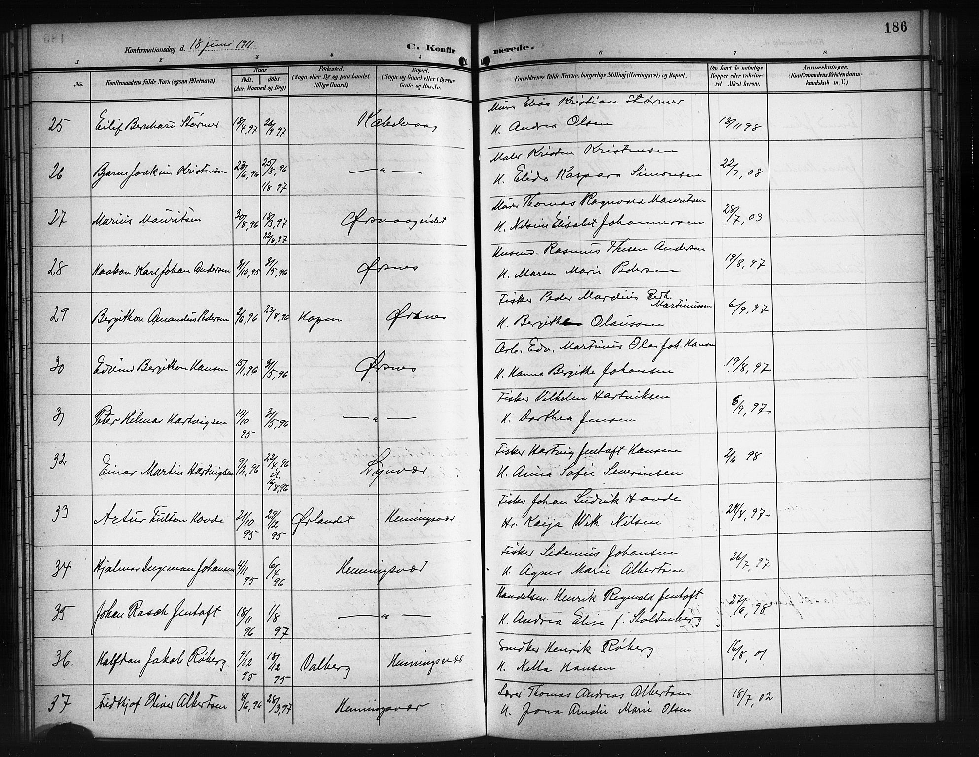 Ministerialprotokoller, klokkerbøker og fødselsregistre - Nordland, AV/SAT-A-1459/874/L1079: Klokkerbok nr. 874C08, 1907-1915, s. 186