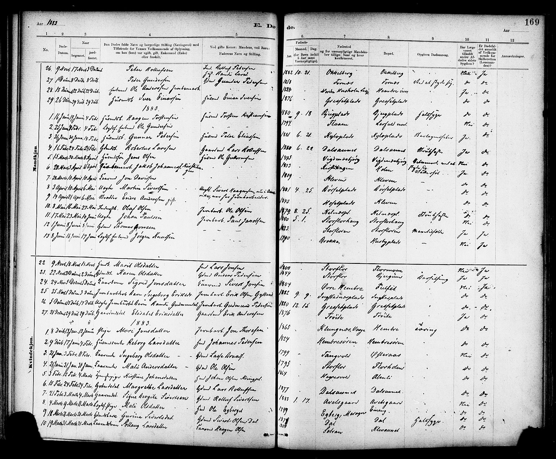 Ministerialprotokoller, klokkerbøker og fødselsregistre - Nord-Trøndelag, SAT/A-1458/703/L0030: Ministerialbok nr. 703A03, 1880-1892, s. 169