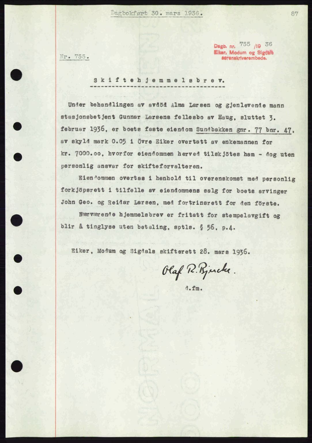 Eiker, Modum og Sigdal sorenskriveri, SAKO/A-123/G/Ga/Gab/L0032: Pantebok nr. A2, 1936-1936, Dagboknr: 755/1936