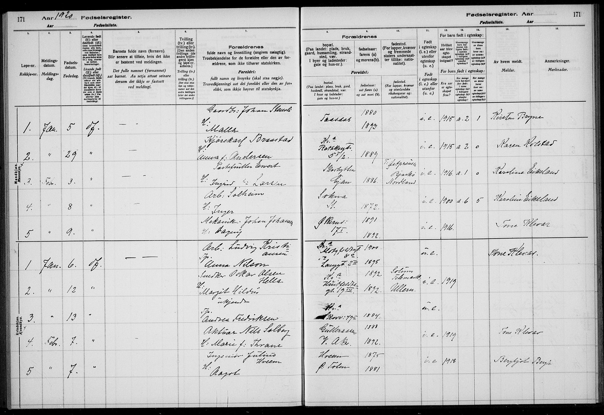 Rikshospitalet prestekontor Kirkebøker, SAO/A-10309b/J/L0005: Fødselsregister nr. 5, 1920-1920, s. 171