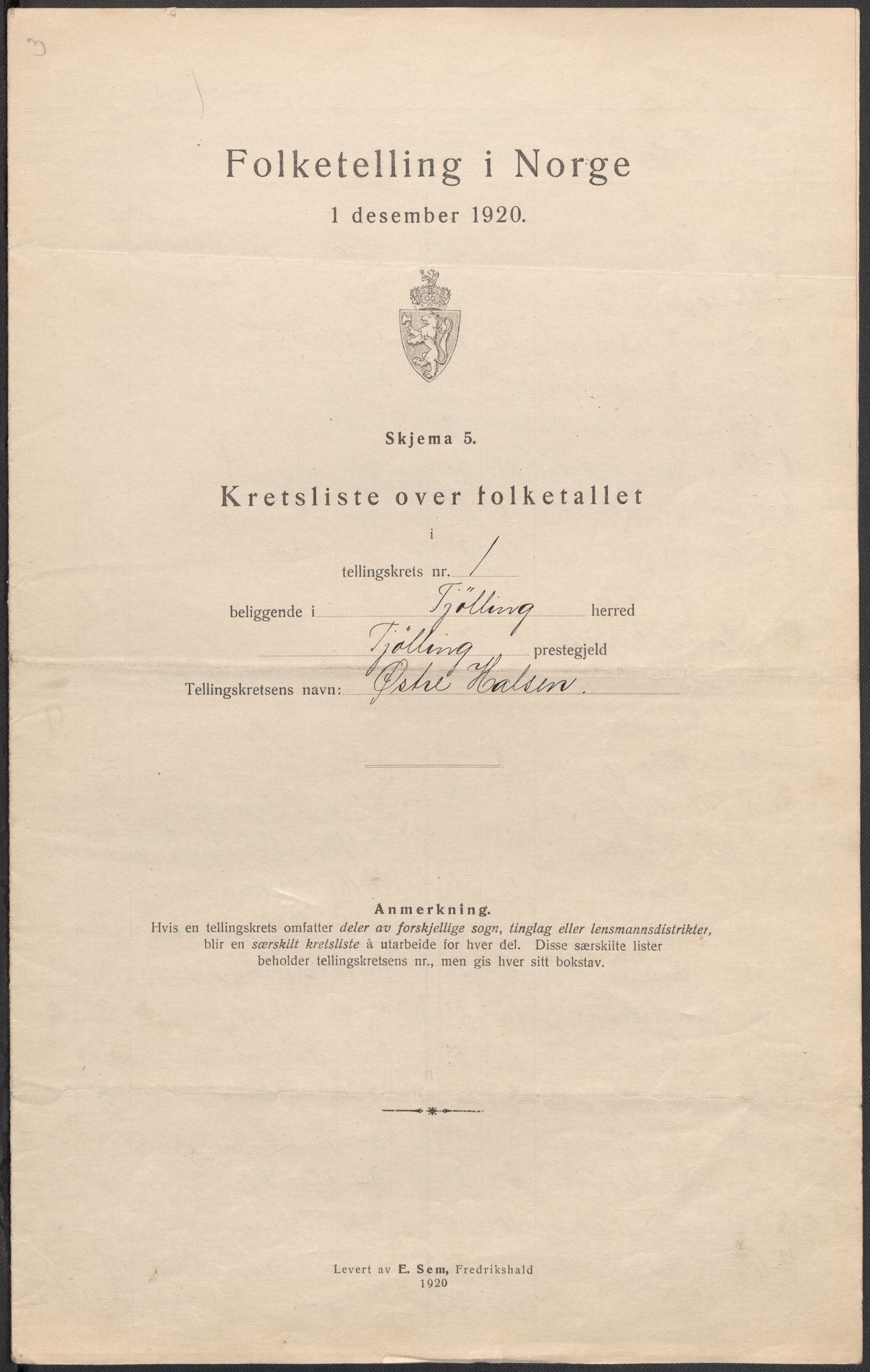 SAKO, Folketelling 1920 for 0725 Tjølling herred, 1920, s. 11