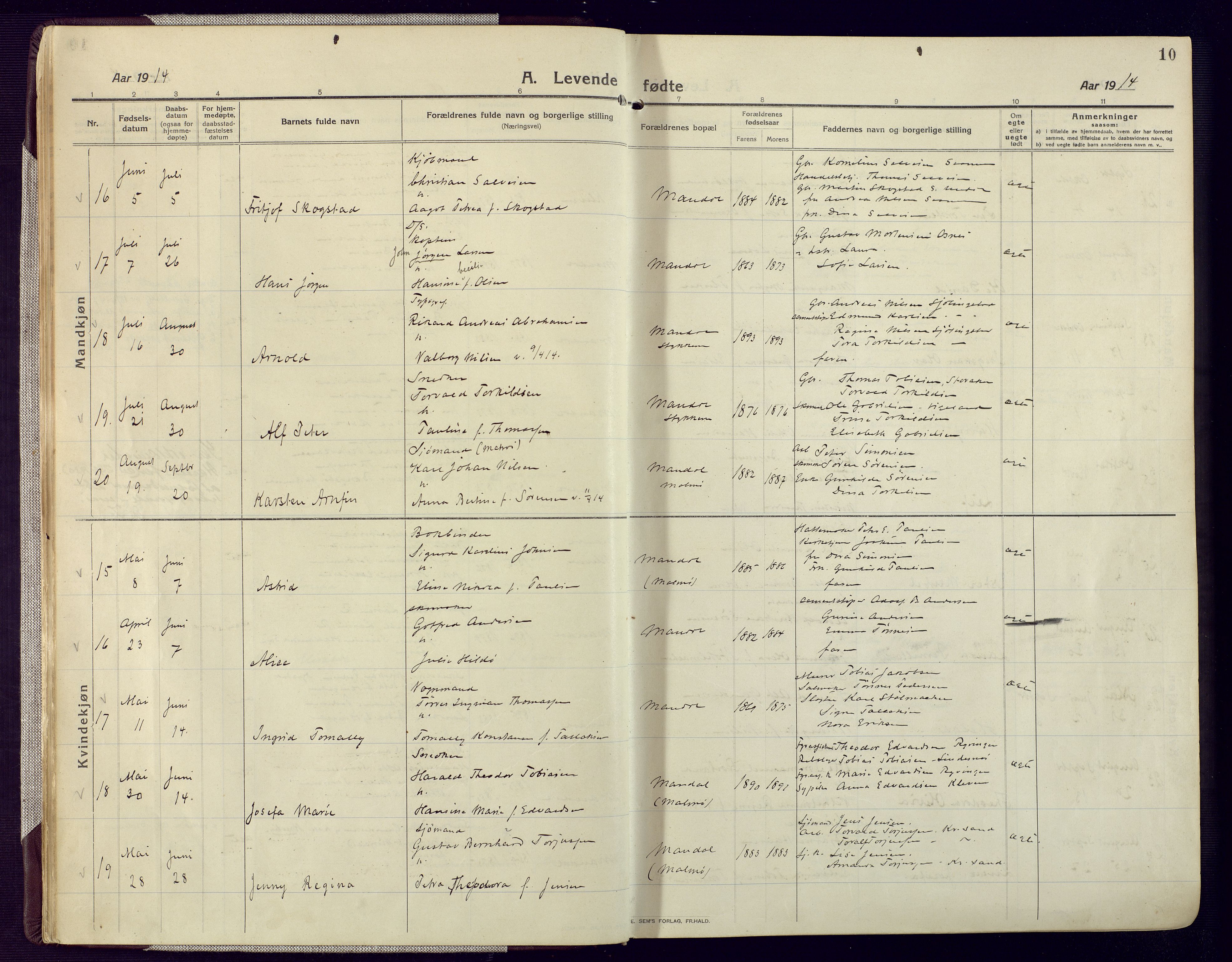 Mandal sokneprestkontor, AV/SAK-1111-0030/F/Fa/Fac/L0001: Ministerialbok nr. A 1, 1913-1925, s. 10