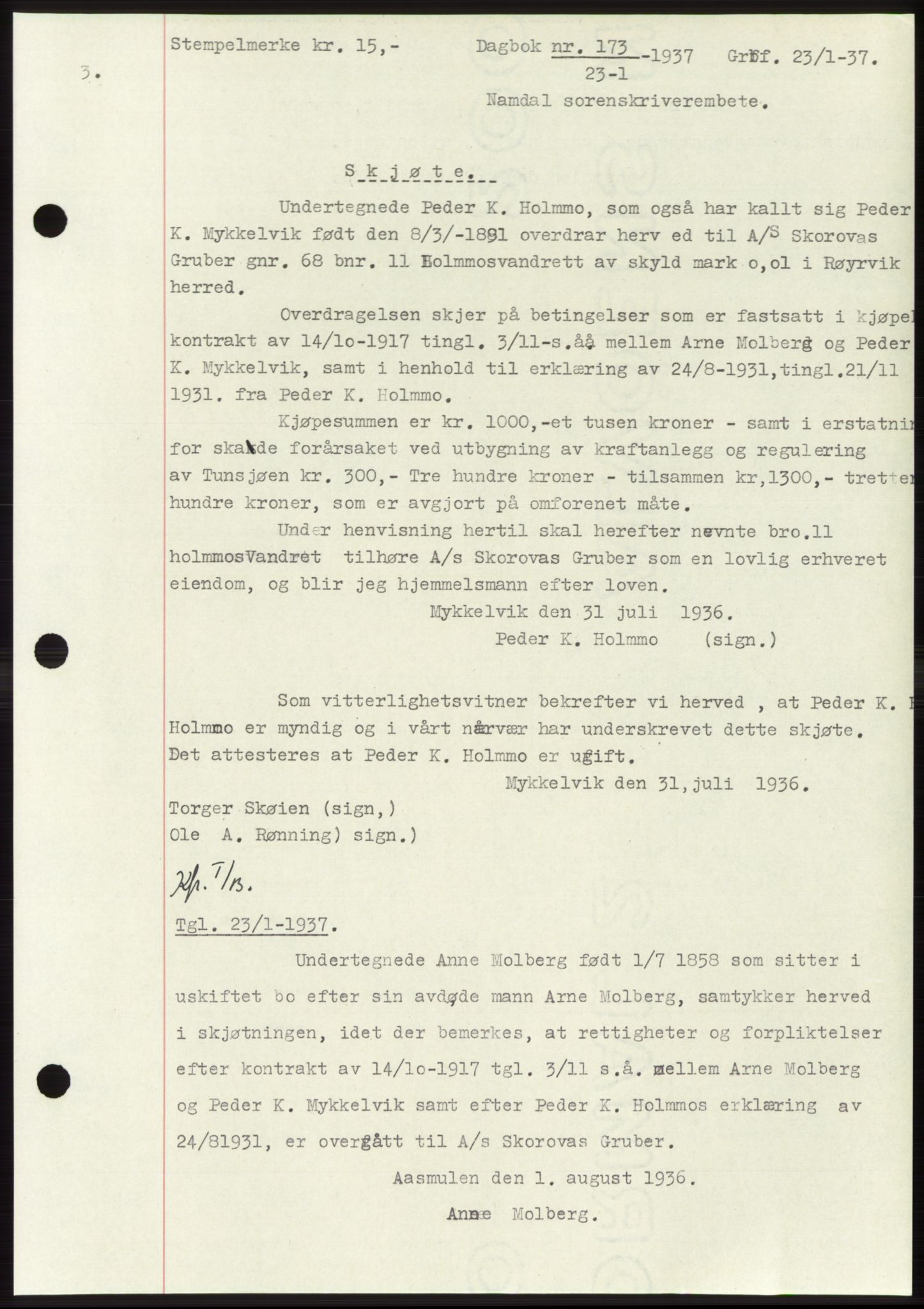 Namdal sorenskriveri, SAT/A-4133/1/2/2C: Pantebok nr. -, 1937-1939, Tingl.dato: 23.01.1937