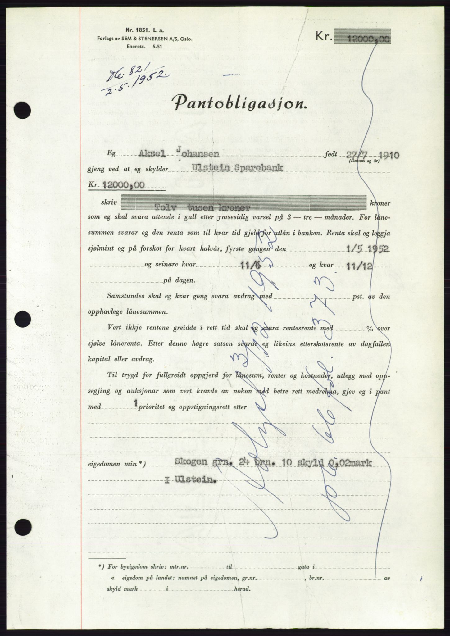 Søre Sunnmøre sorenskriveri, AV/SAT-A-4122/1/2/2C/L0121: Pantebok nr. 9B, 1951-1952, Dagboknr: 821/1952