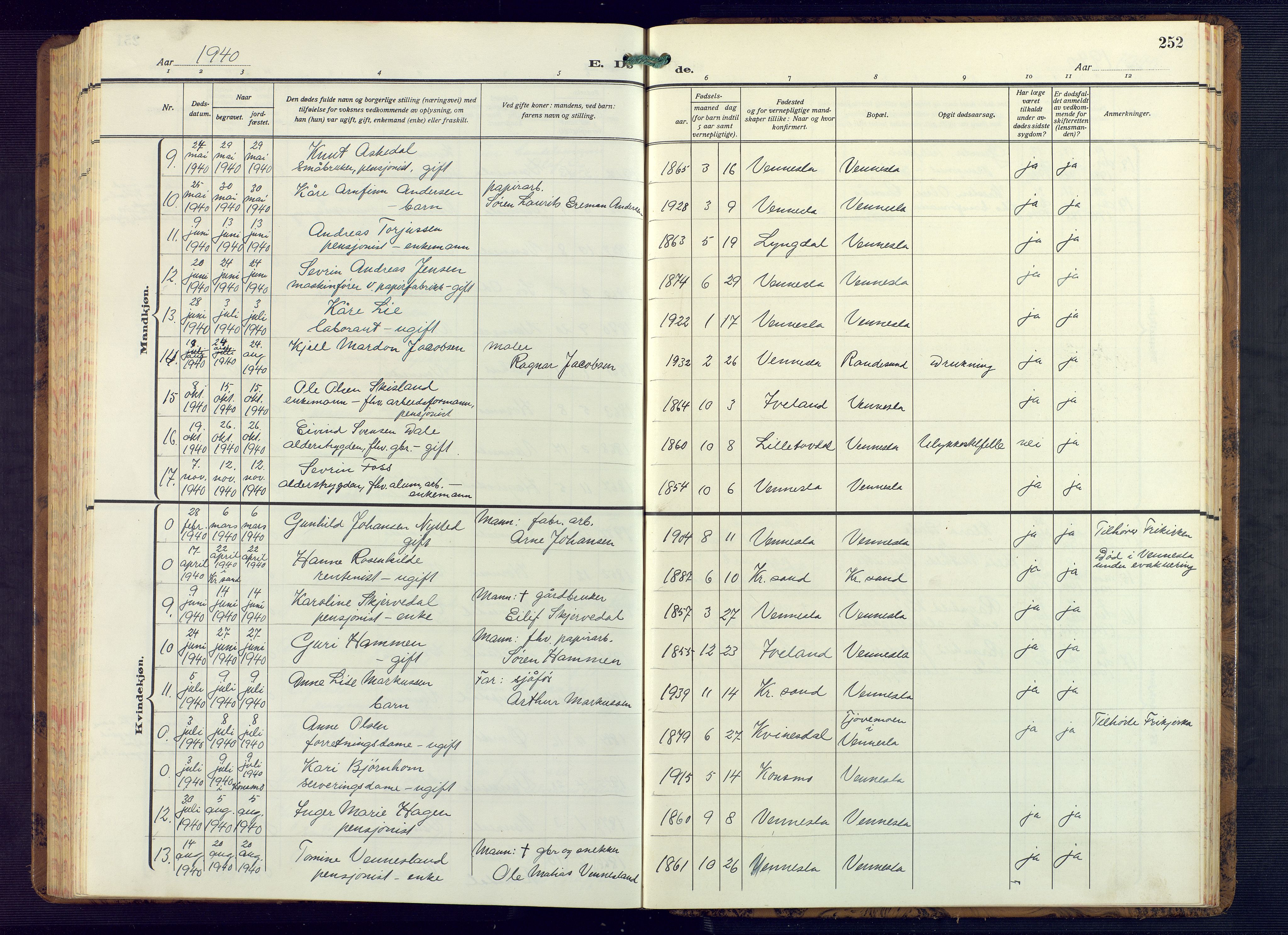 Vennesla sokneprestkontor, AV/SAK-1111-0045/Fb/Fbb/L0008: Klokkerbok nr. B 8, 1934-1947, s. 252