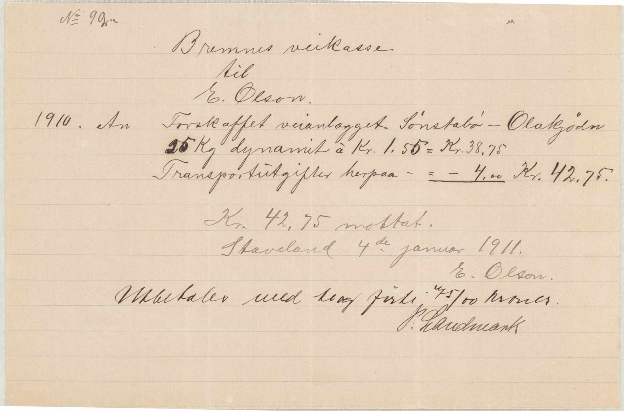 Finnaas kommune. Formannskapet, IKAH/1218a-021/E/Ea/L0001/0006: Rekneskap for veganlegg / Rekneskap for veganlegget Sønstabø - Olakjødn, 1909-1914, s. 62