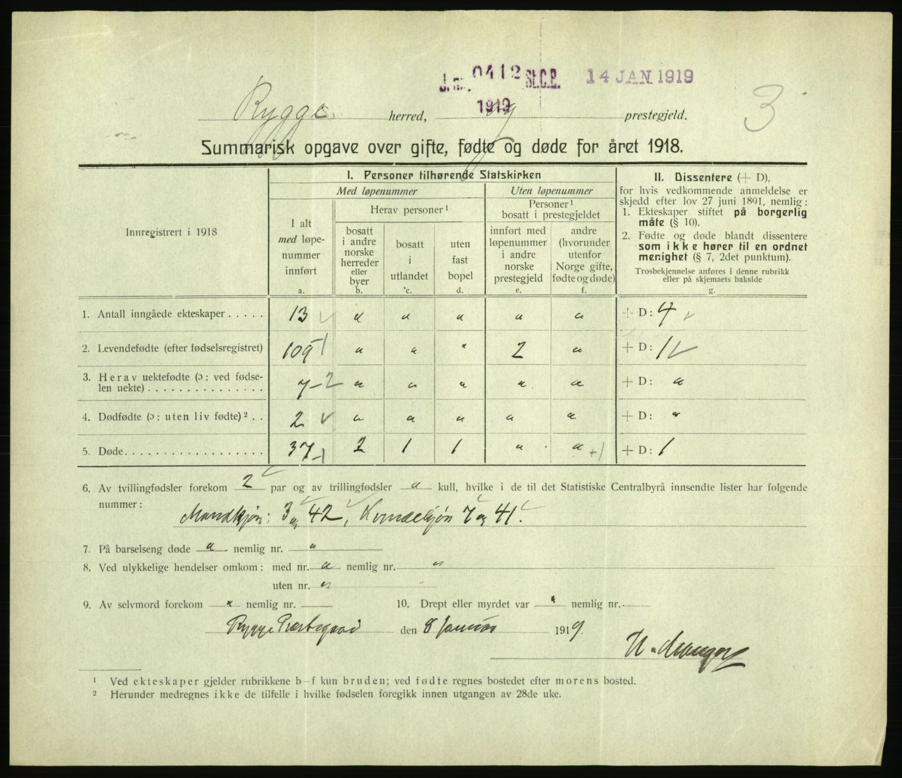 Statistisk sentralbyrå, Sosiodemografiske emner, Befolkning, RA/S-2228/D/Df/Dfb/Dfbh/L0059: Summariske oppgaver over gifte, fødte og døde for hele landet., 1918, s. 141