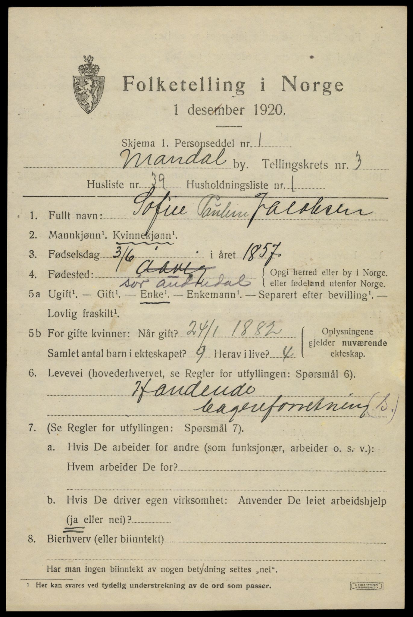 SAK, Folketelling 1920 for 1002 Mandal ladested, 1920, s. 5843