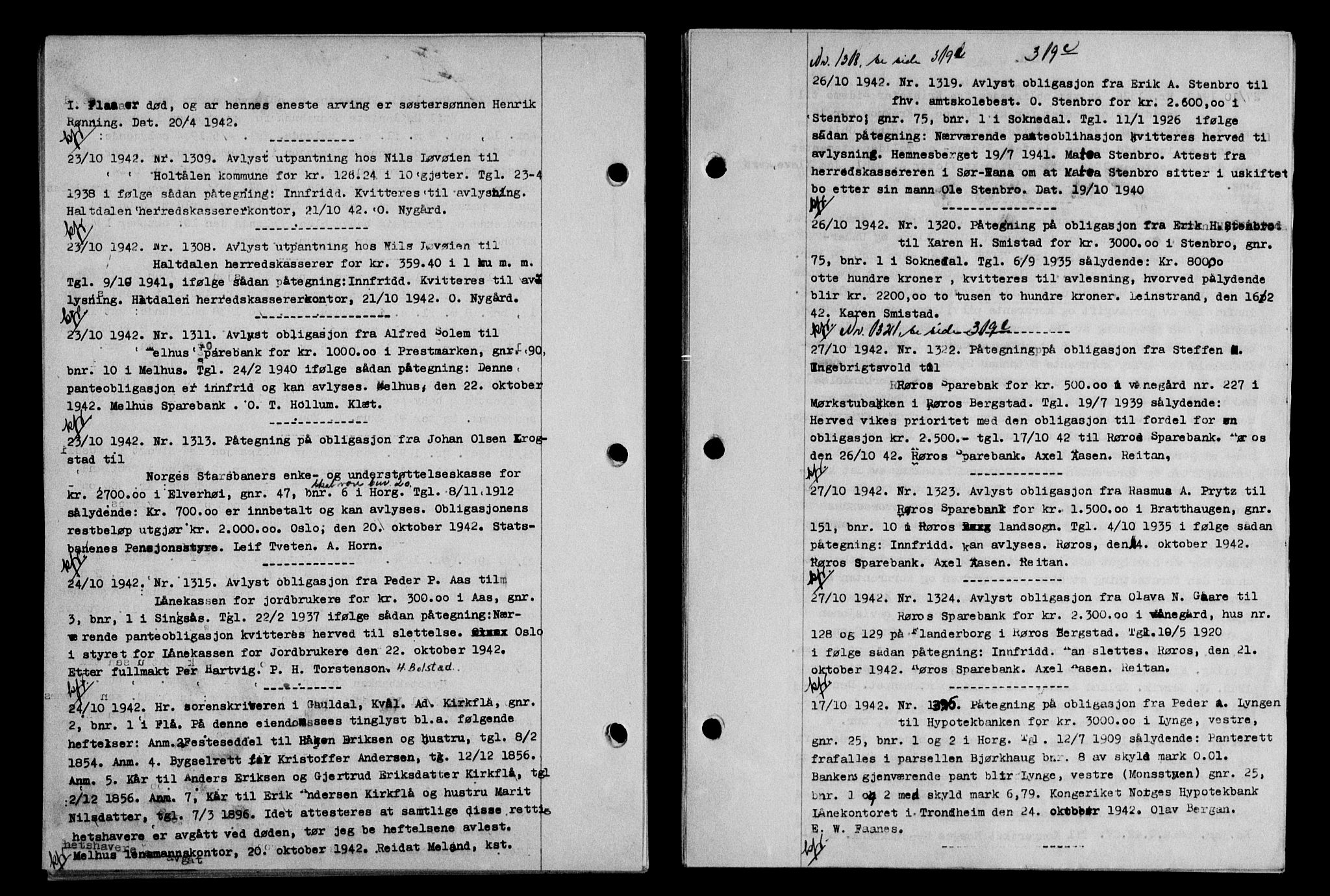 Gauldal sorenskriveri, SAT/A-0014/1/2/2C/L0055: Pantebok nr. 60, 1942-1942, Dagboknr: 1309/1942