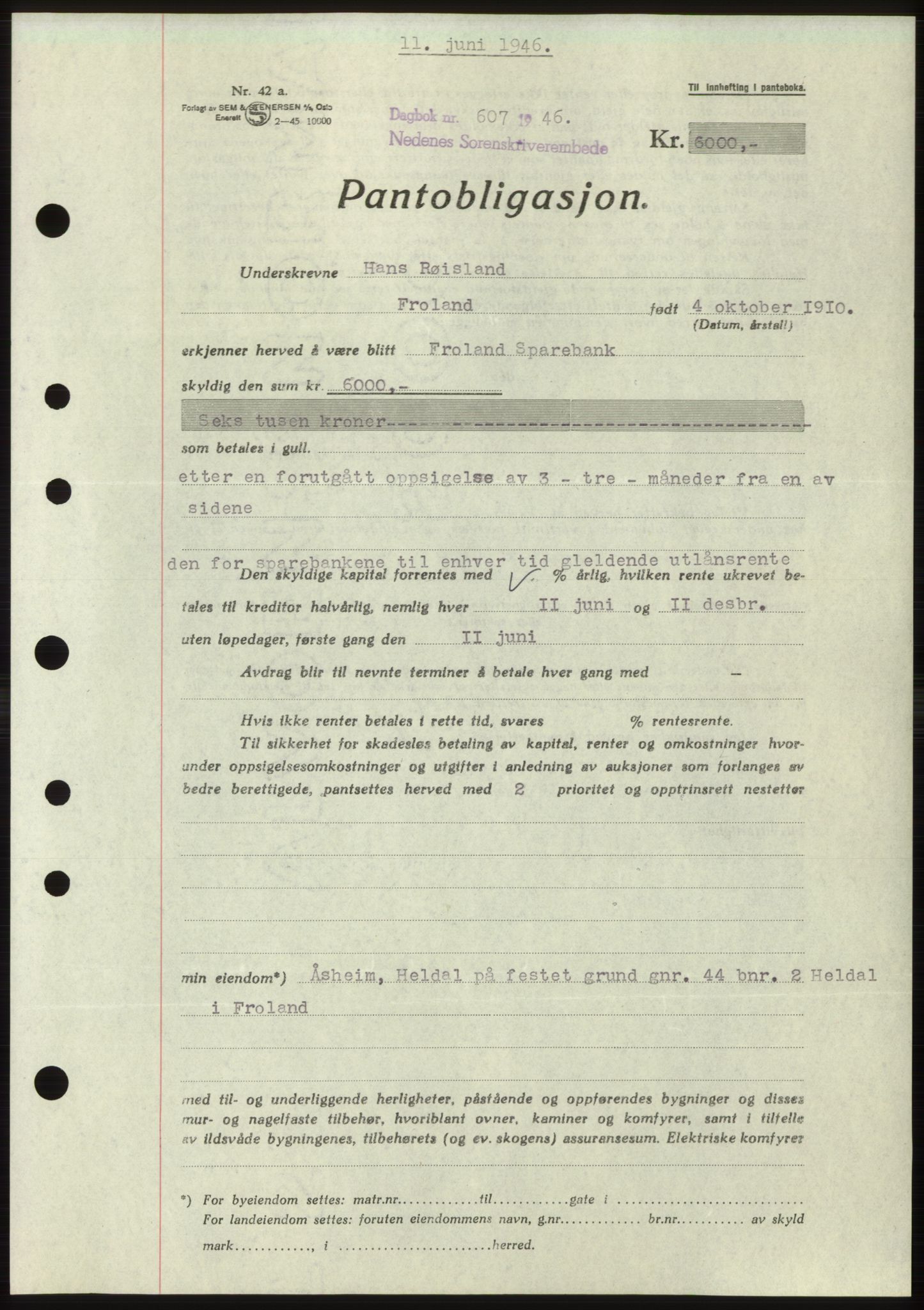 Nedenes sorenskriveri, SAK/1221-0006/G/Gb/Gbb/L0003: Pantebok nr. B3b, 1946-1946, Dagboknr: 607/1946
