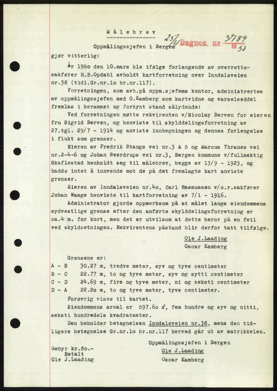 Byfogd og Byskriver i Bergen, AV/SAB-A-3401/03/03Bc/L0032: Pantebok nr. A26, 1950-1950, Dagboknr: 3789/1950