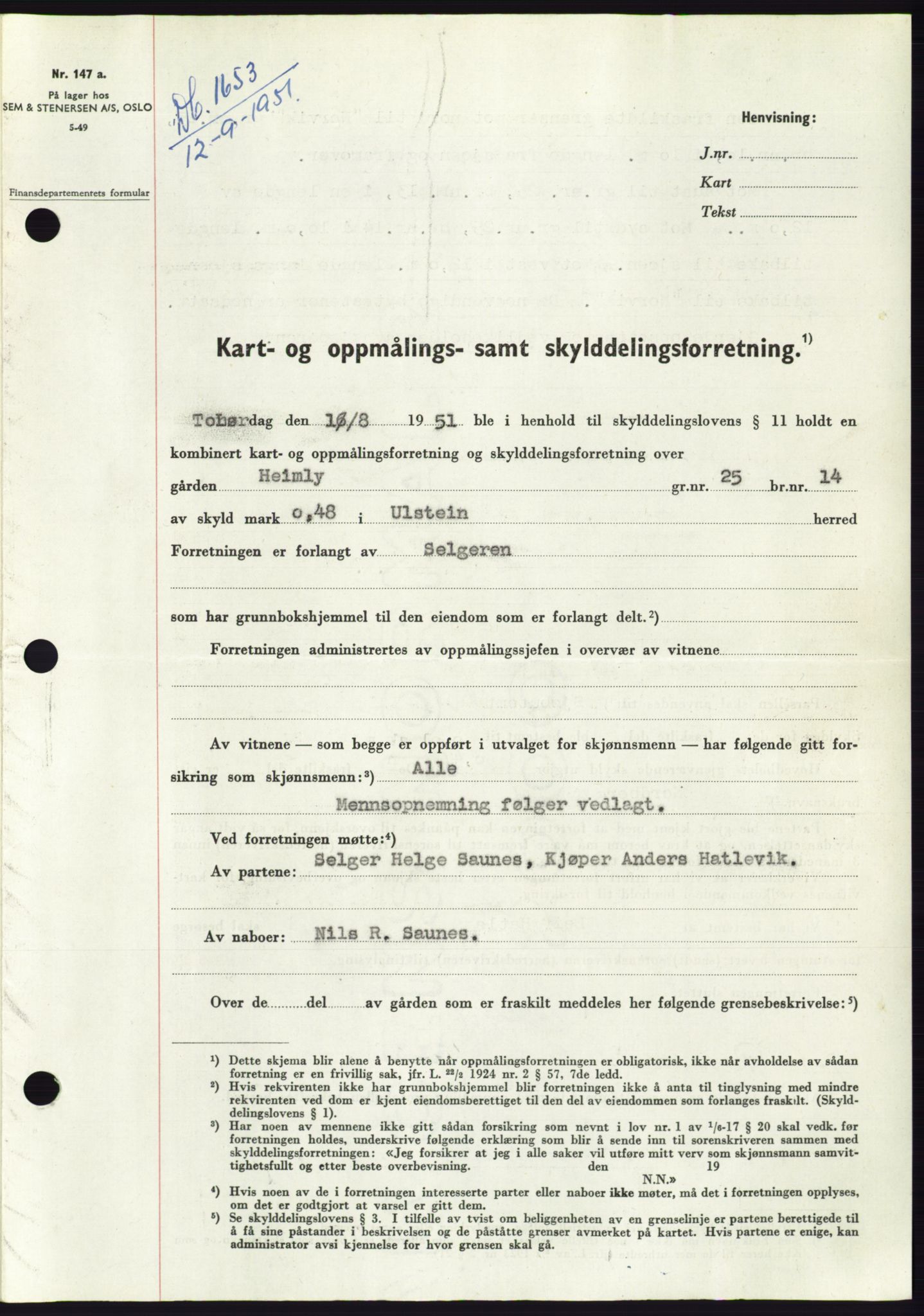 Søre Sunnmøre sorenskriveri, SAT/A-4122/1/2/2C/L0089: Pantebok nr. 15A, 1951-1951, Dagboknr: 1653/1951