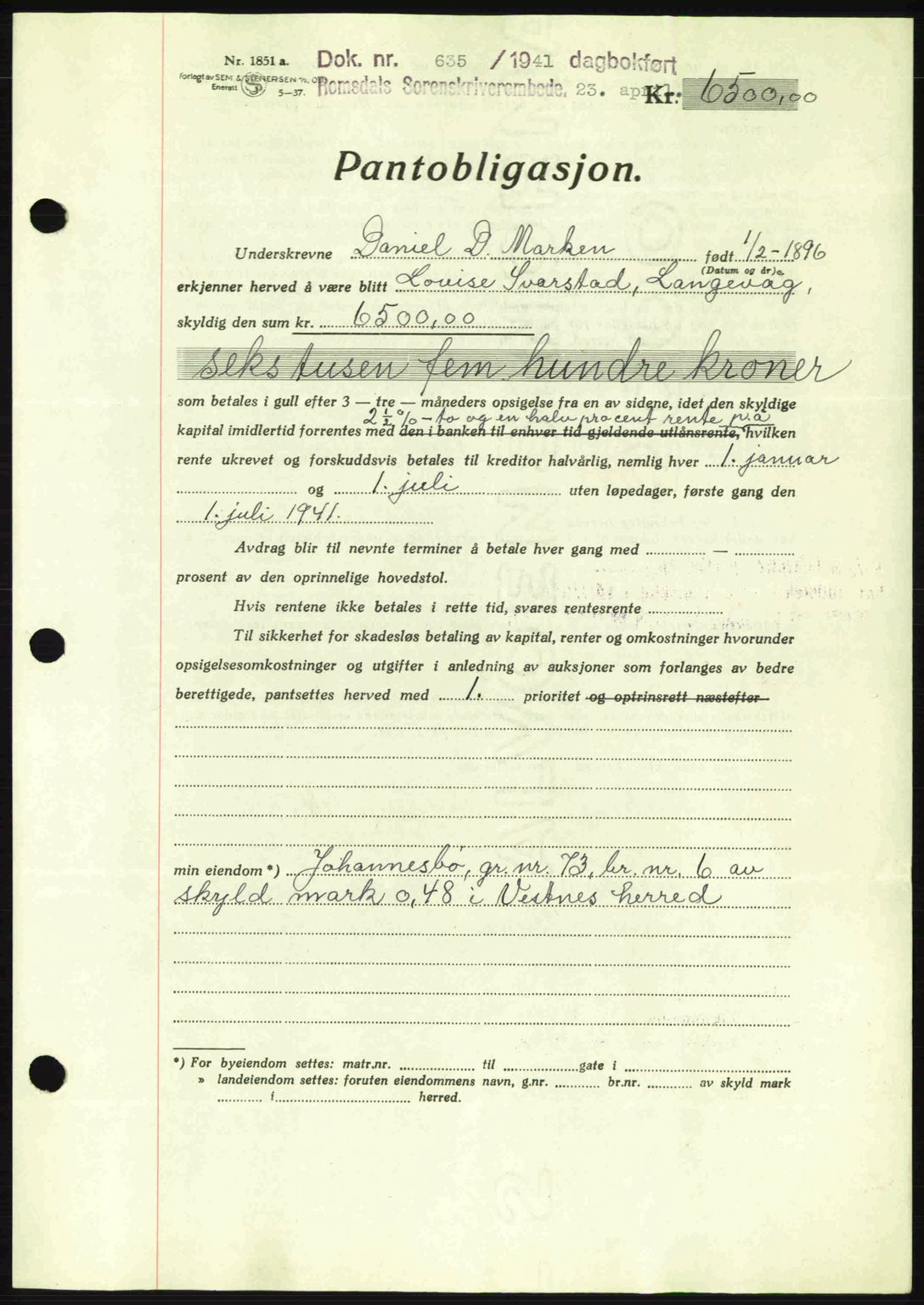 Romsdal sorenskriveri, SAT/A-4149/1/2/2C: Pantebok nr. B2, 1939-1945, Dagboknr: 635/1941