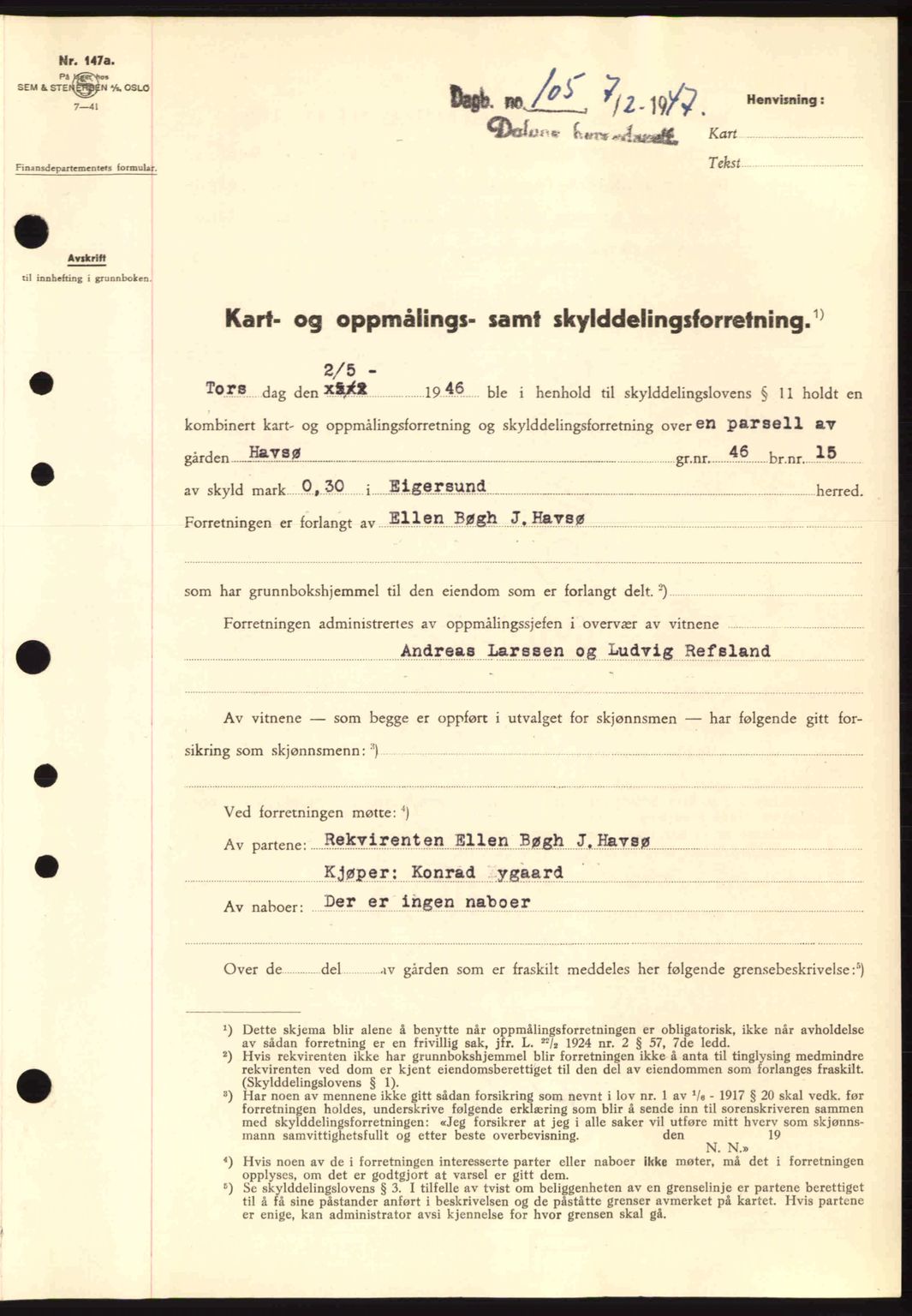 Dalane sorenskriveri, SAST/A-100309/02/G/Gb/L0049: Pantebok nr. A9, 1946-1947, Dagboknr: 105/1947