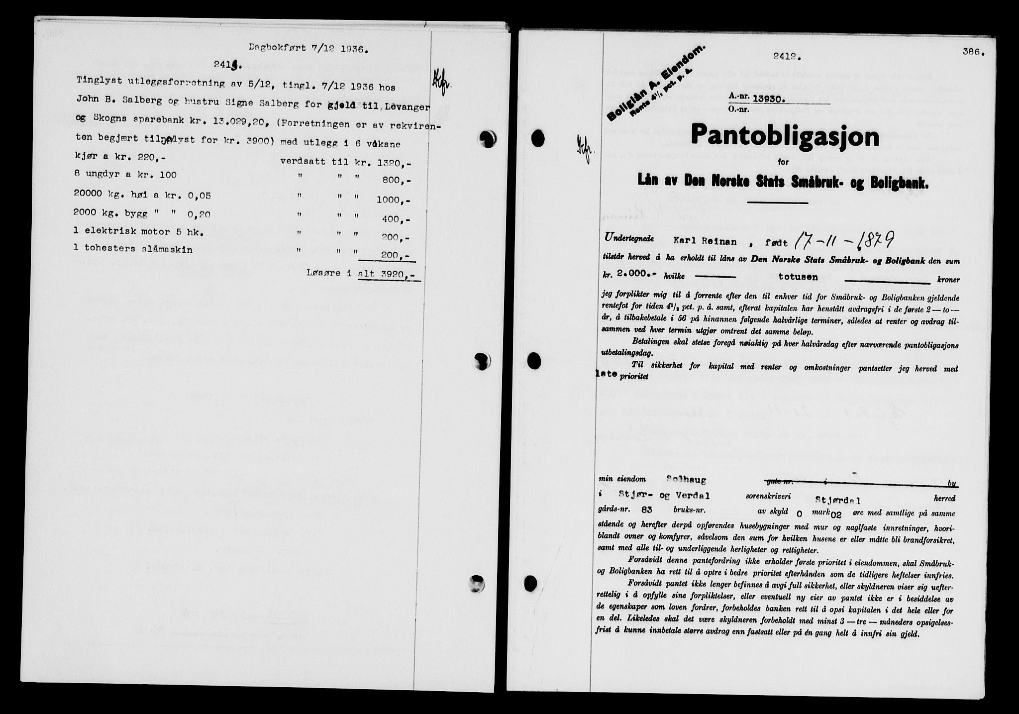 Stjør- og Verdal sorenskriveri, SAT/A-4167/1/2/2C/L0078: Pantebok nr. 46, 1936-1937, Dagboknr: 2412/1936