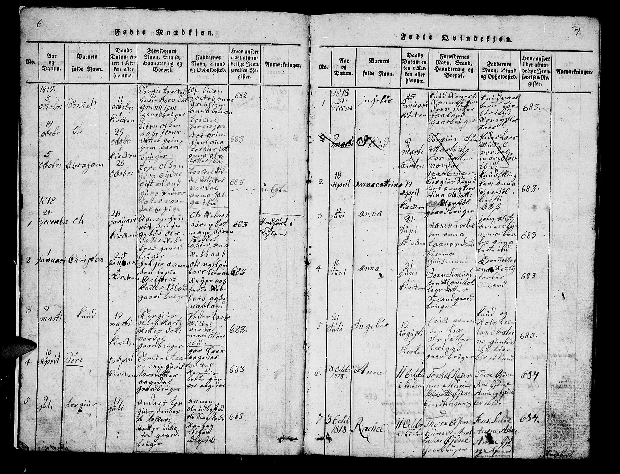 Bjelland sokneprestkontor, SAK/1111-0005/F/Fb/Fbc/L0001: Klokkerbok nr. B 1, 1815-1870, s. 6-7