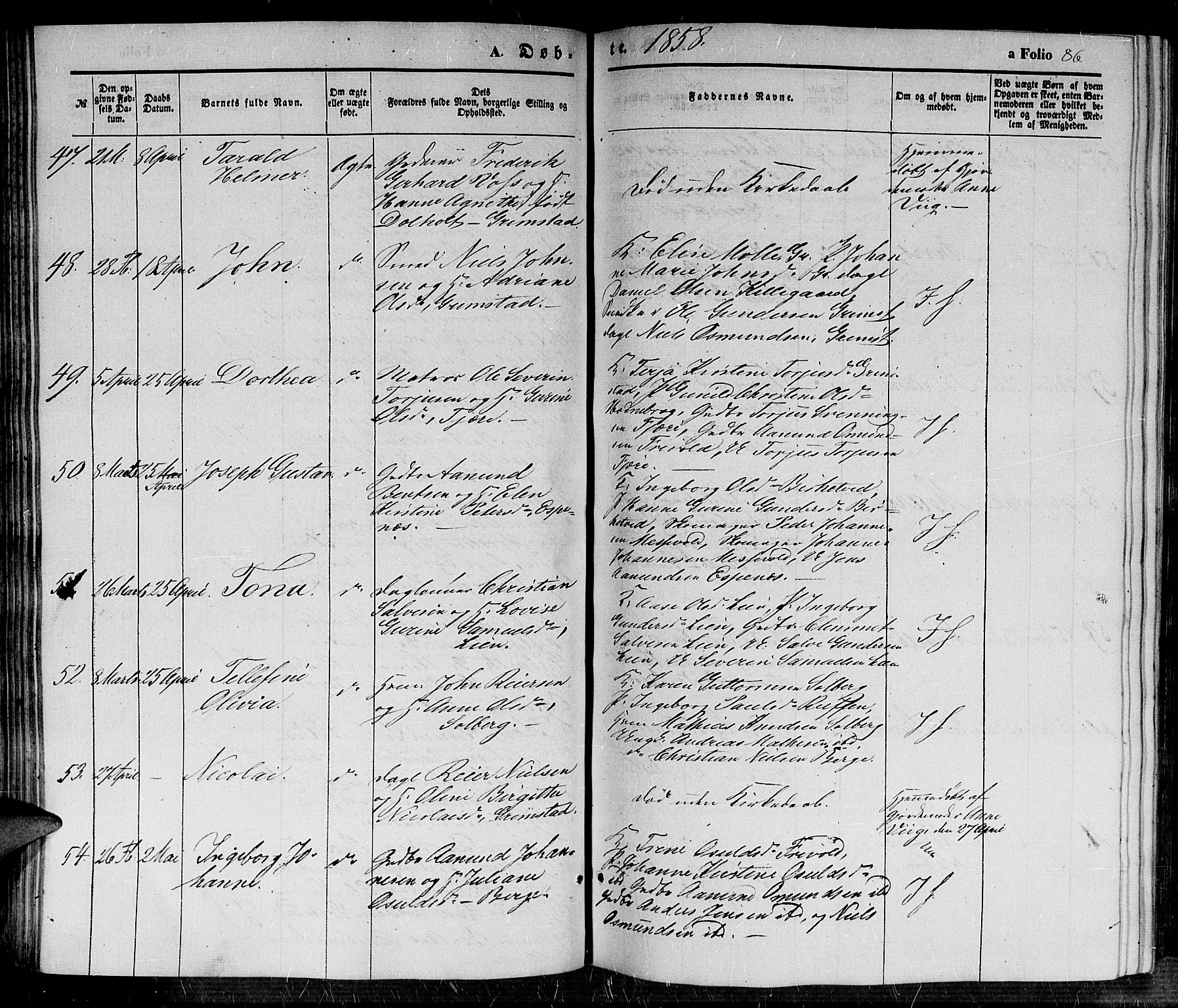 Fjære sokneprestkontor, AV/SAK-1111-0011/F/Fb/L0008: Klokkerbok nr. B 8, 1854-1867, s. 86