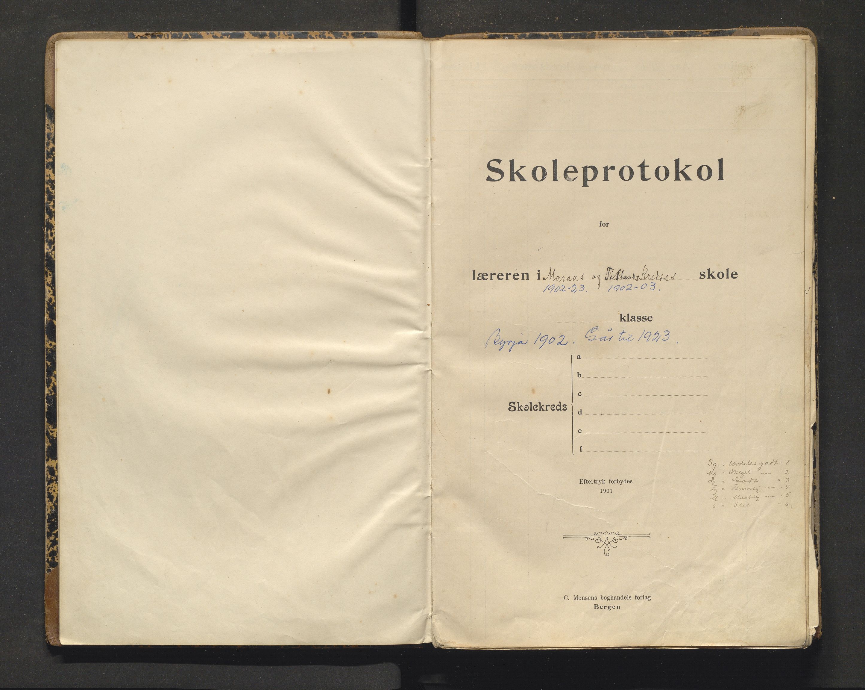 Manger kommune. Barneskulane, IKAH/1261-231/F/Fa/L0012: Skuleprotokoll for Marås og Titland krinsar , 1902-1923