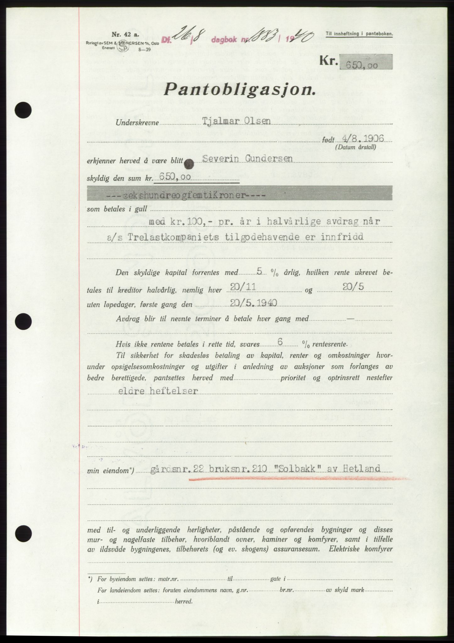 Jæren sorenskriveri, SAST/A-100310/03/G/Gba/L0078: Pantebok, 1940-1940, Dagboknr: 1883/1940