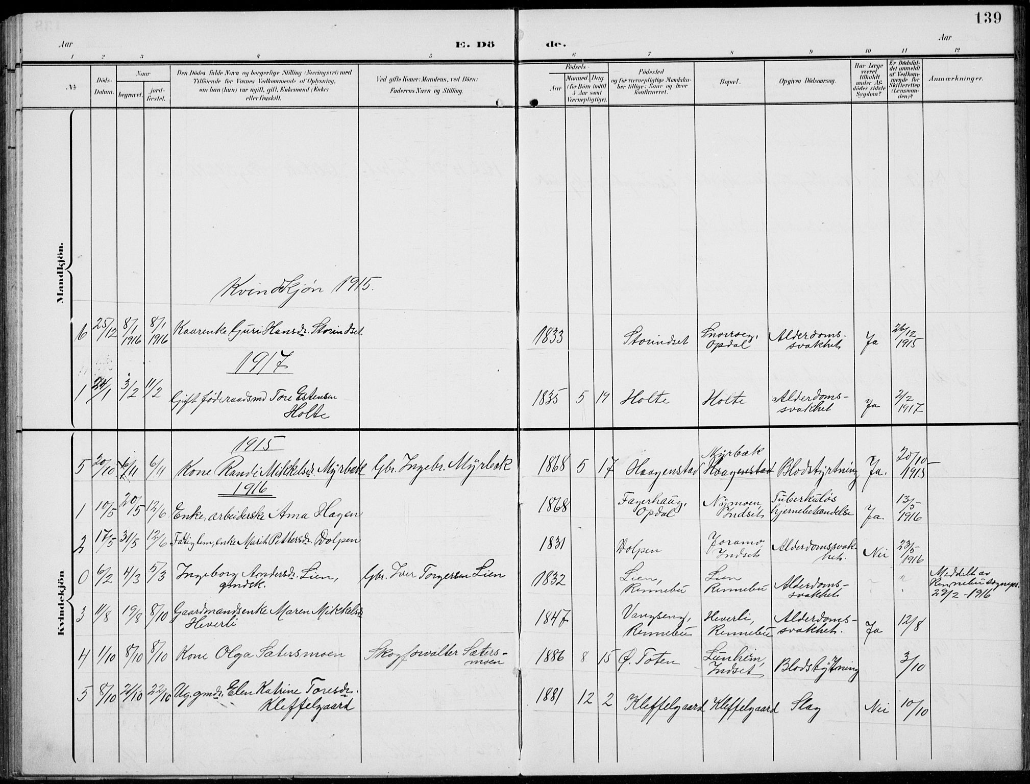Kvikne prestekontor, AV/SAH-PREST-064/H/Ha/Hab/L0004: Klokkerbok nr. 4, 1902-1937, s. 139