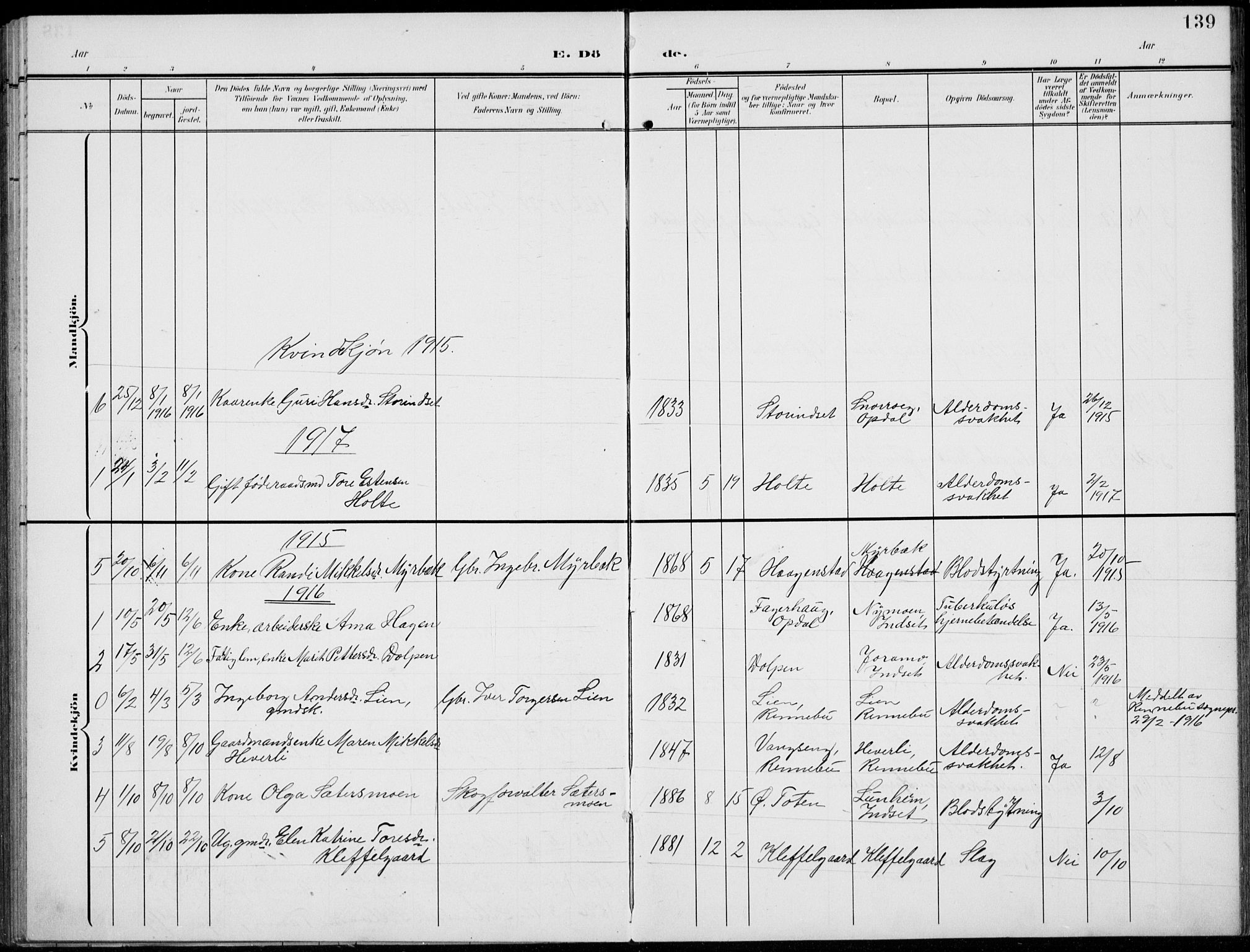 Kvikne prestekontor, SAH/PREST-064/H/Ha/Hab/L0004: Klokkerbok nr. 4, 1902-1937, s. 139