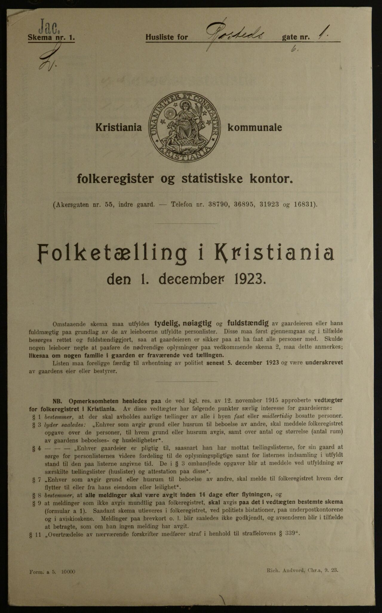 OBA, Kommunal folketelling 1.12.1923 for Kristiania, 1923, s. 92919