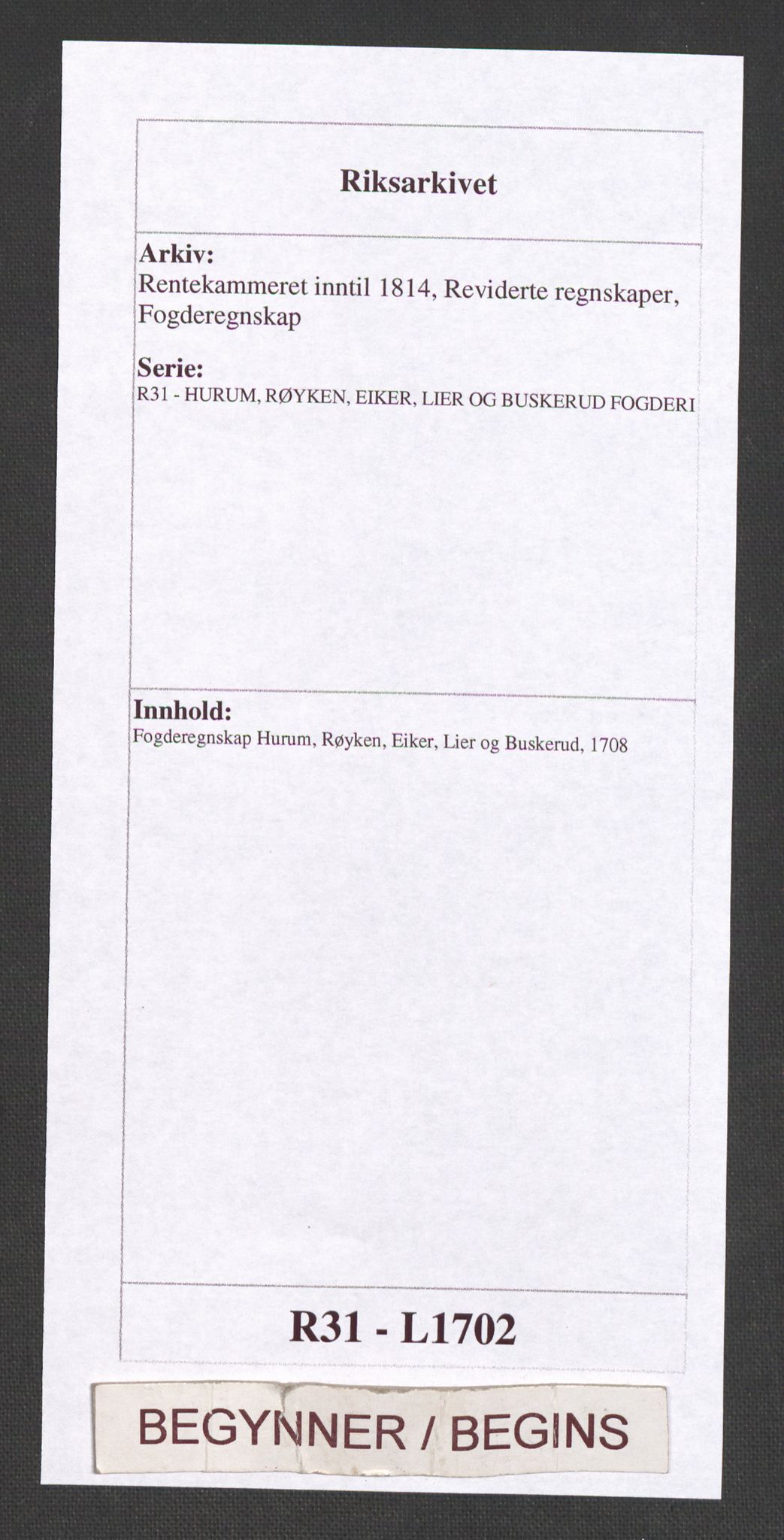 Rentekammeret inntil 1814, Reviderte regnskaper, Fogderegnskap, AV/RA-EA-4092/R31/L1702: Fogderegnskap Hurum, Røyken, Eiker, Lier og Buskerud, 1708, s. 1