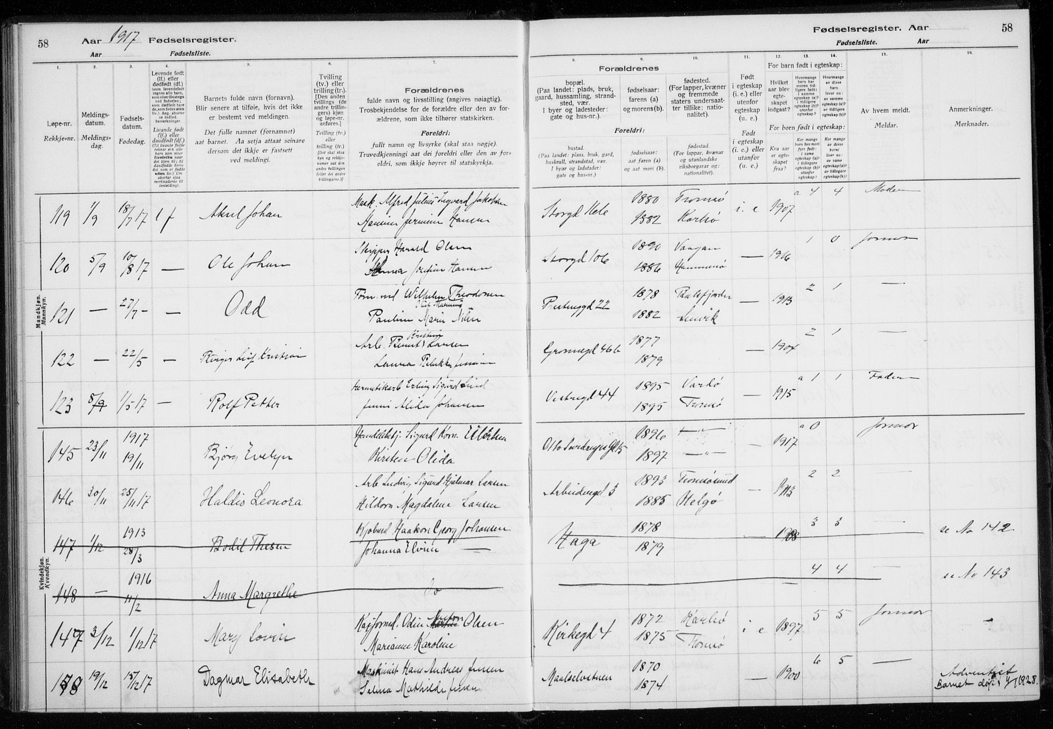 Tromsø sokneprestkontor/stiftsprosti/domprosti, AV/SATØ-S-1343/H/Ha/L0131: Fødselsregister nr. 131, 1916-1921, s. 58
