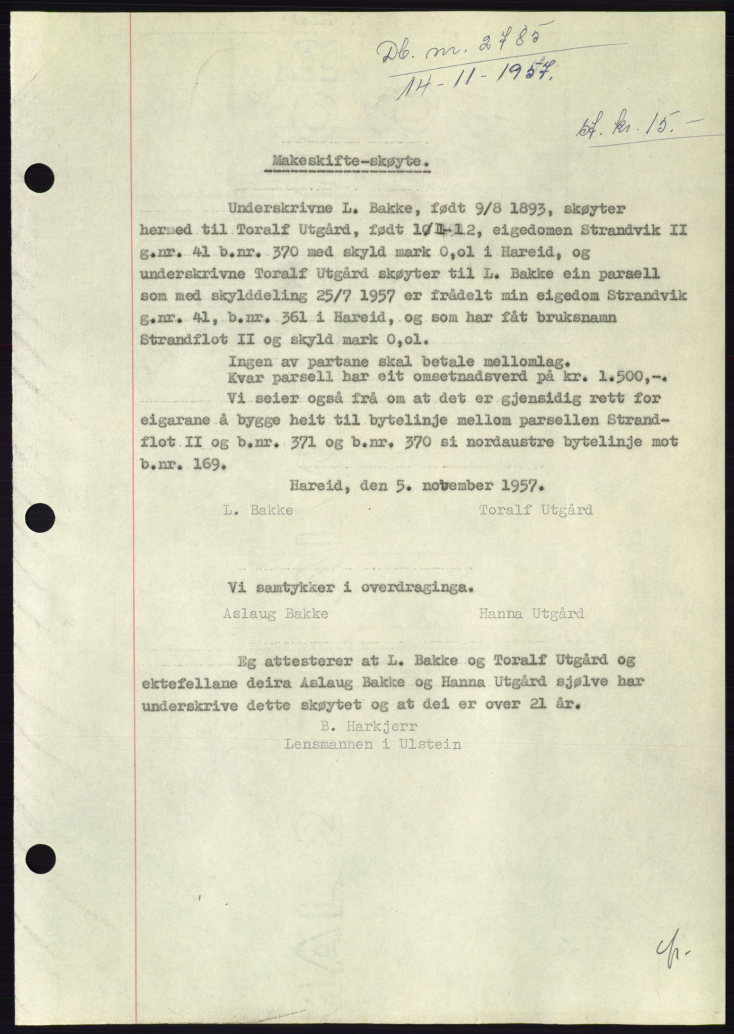 Søre Sunnmøre sorenskriveri, SAT/A-4122/1/2/2C/L0108: Pantebok nr. 34A, 1957-1958, Dagboknr: 2785/1957