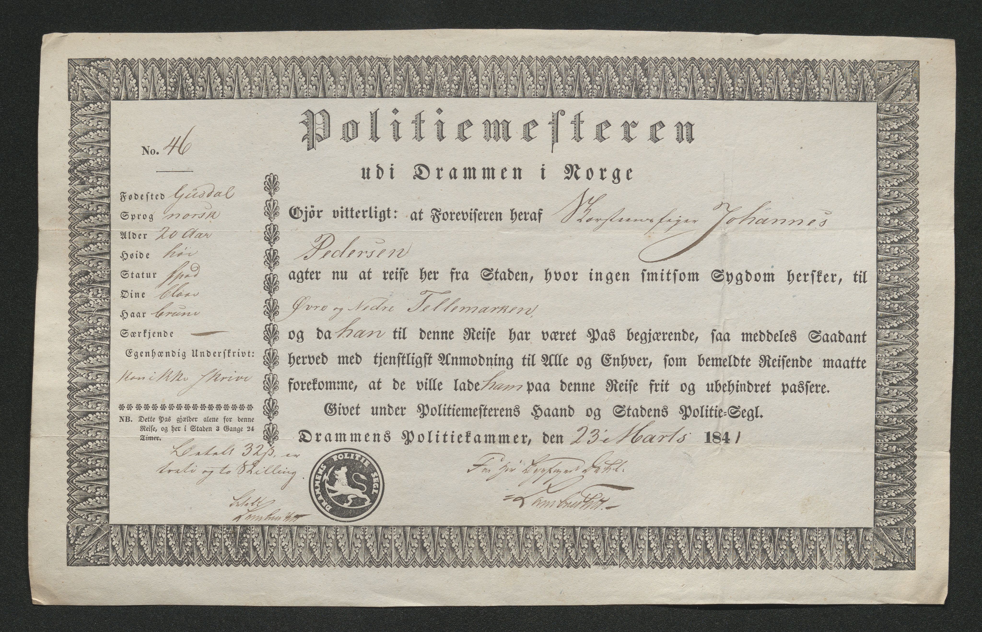 Drammen politikammer, AV/SAKO-A-623/I/Ia/Iab/L0006: Innleverte pass, 1841-1842, s. 126