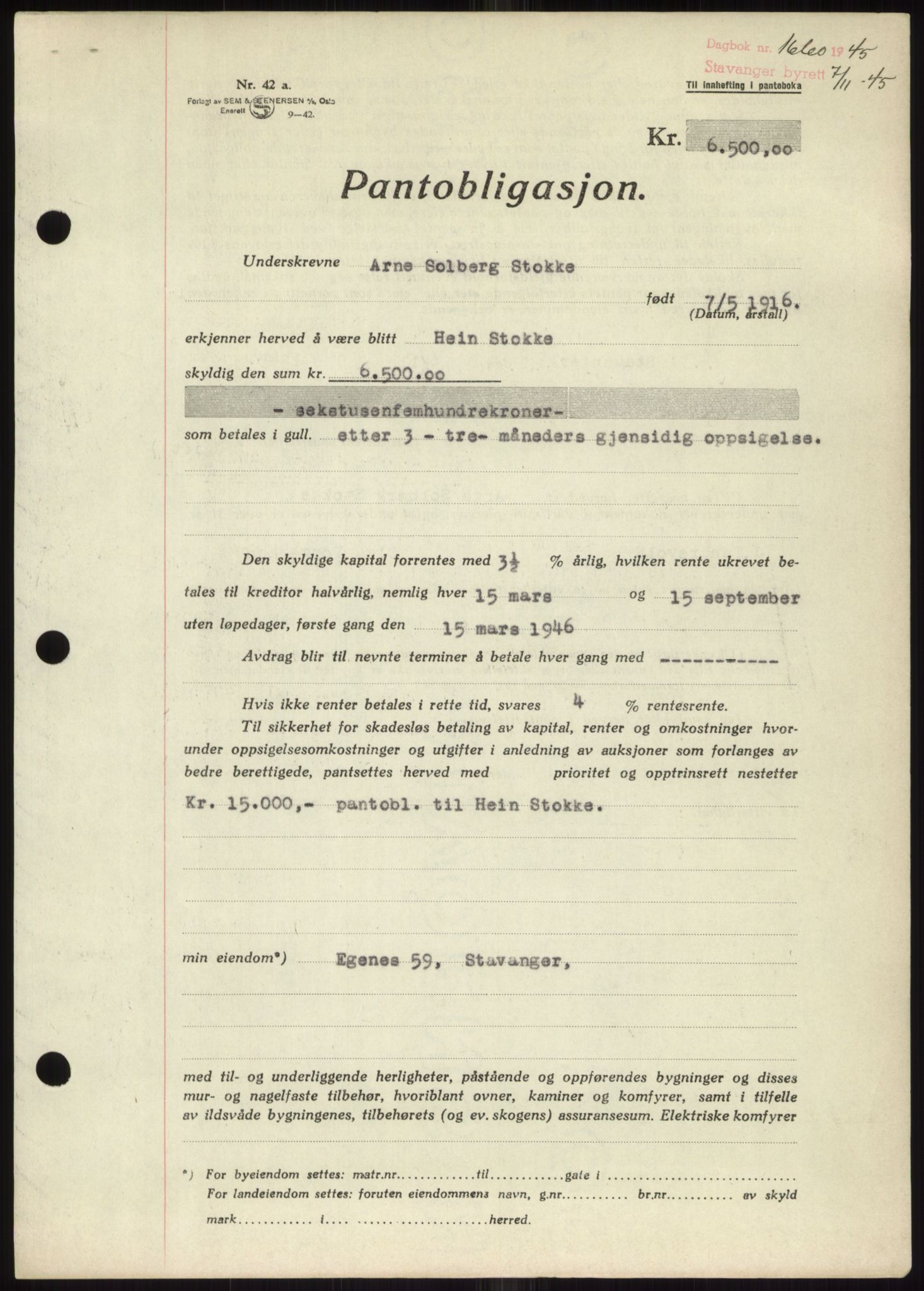 Stavanger byrett, SAST/A-100455/002/G/Gb/L0031: Pantebok, 1943-1947, Dagboknr: 1660/1945