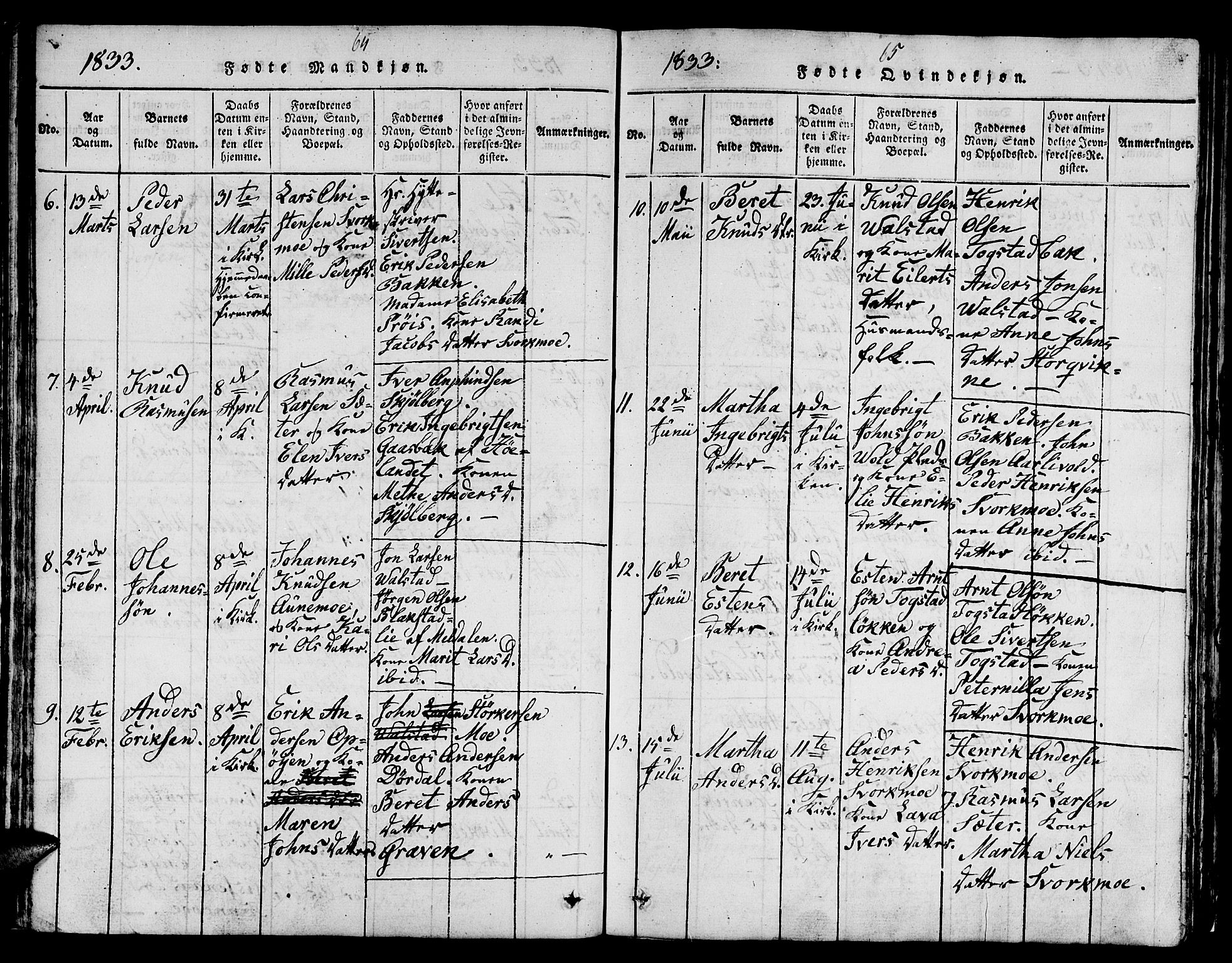 Ministerialprotokoller, klokkerbøker og fødselsregistre - Sør-Trøndelag, SAT/A-1456/671/L0842: Klokkerbok nr. 671C01, 1816-1867, s. 64-65