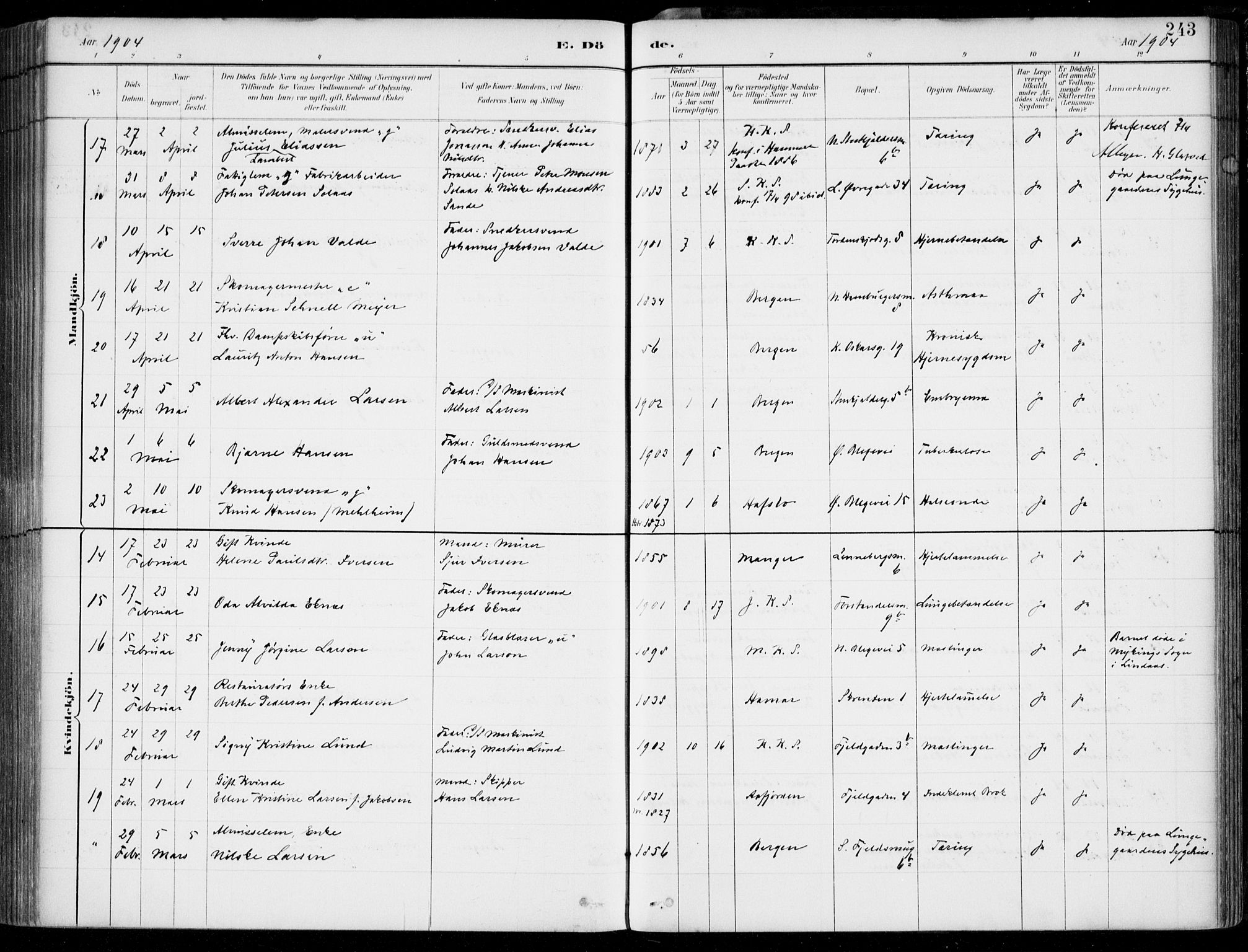 Korskirken sokneprestembete, AV/SAB-A-76101/H/Hab: Klokkerbok nr. E 4, 1884-1910, s. 243