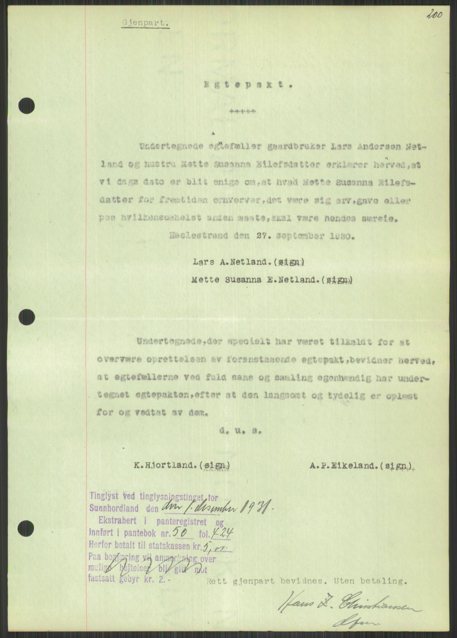 Oslo byskriverembete, AV/SAO-A-10227/2/G/Gb/L0051: Tinglyste ektepakter, Rogaland, bind 5, og Hordaland, bind 1, 1927-1950, s. 200a