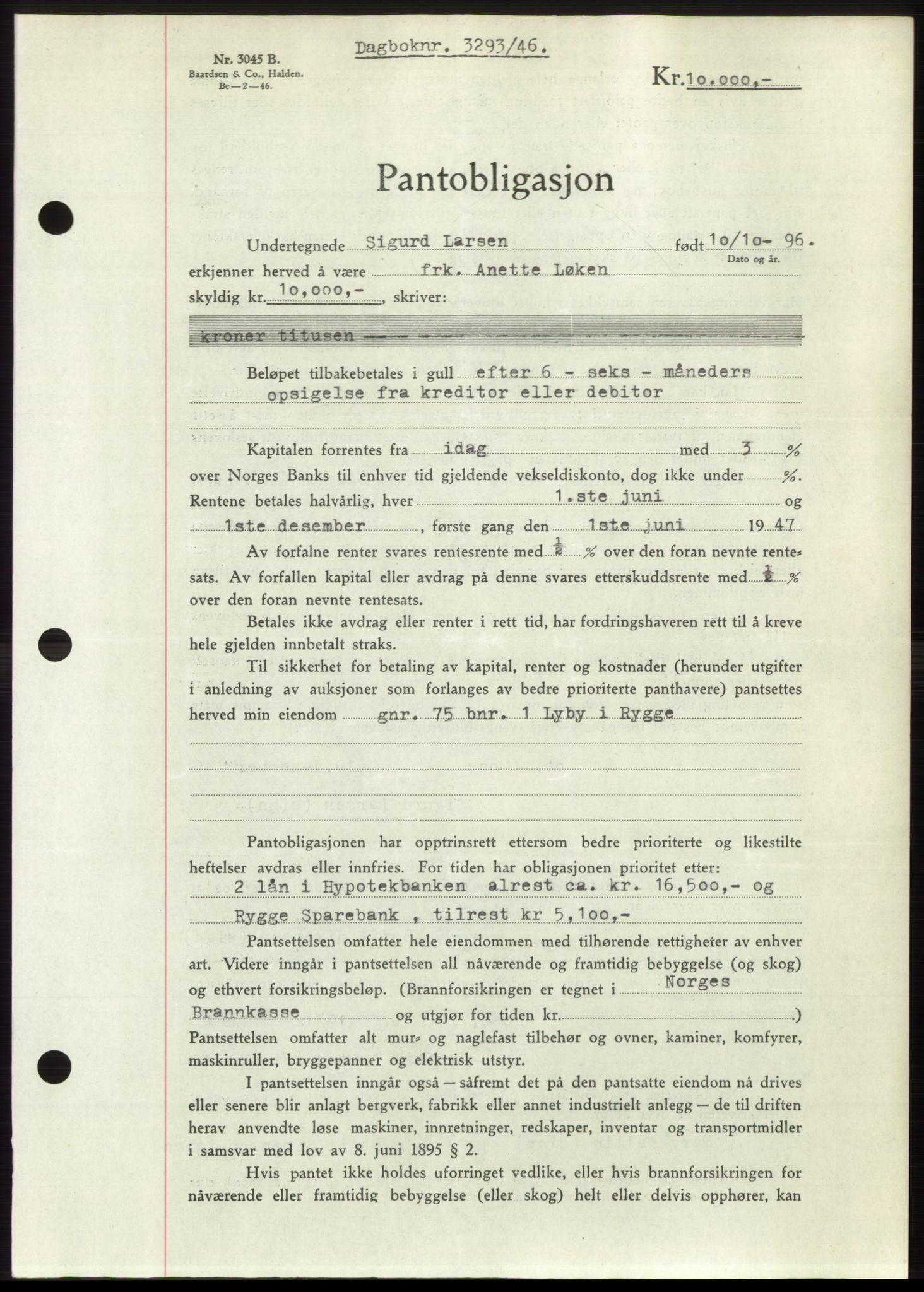Moss sorenskriveri, SAO/A-10168: Pantebok nr. B16, 1946-1947, Dagboknr: 3293/1946