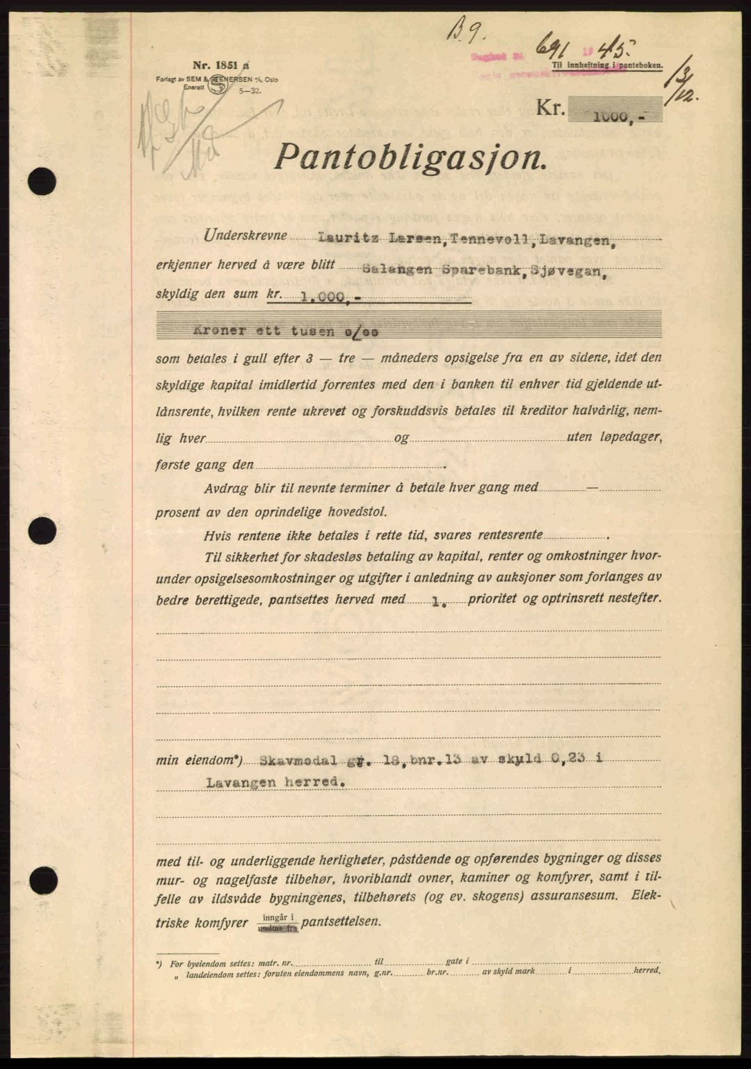 Senja sorenskriveri 1855-, AV/SATØ-S-0048/1/H/Hi/L0001: Pantebok nr. B1-9, 1936-1947, Dagboknr: 691/1945