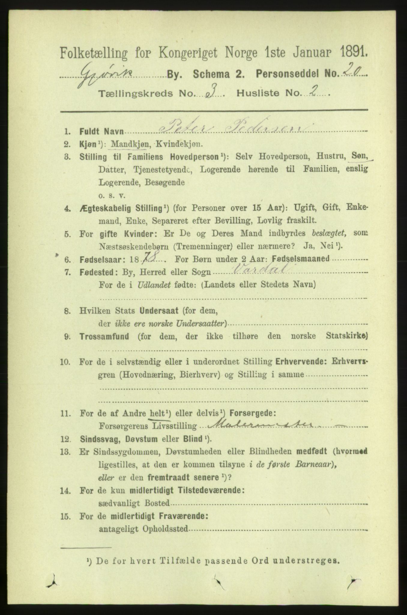 RA, Folketelling 1891 for 0502 Gjøvik kjøpstad, 1891, s. 1008