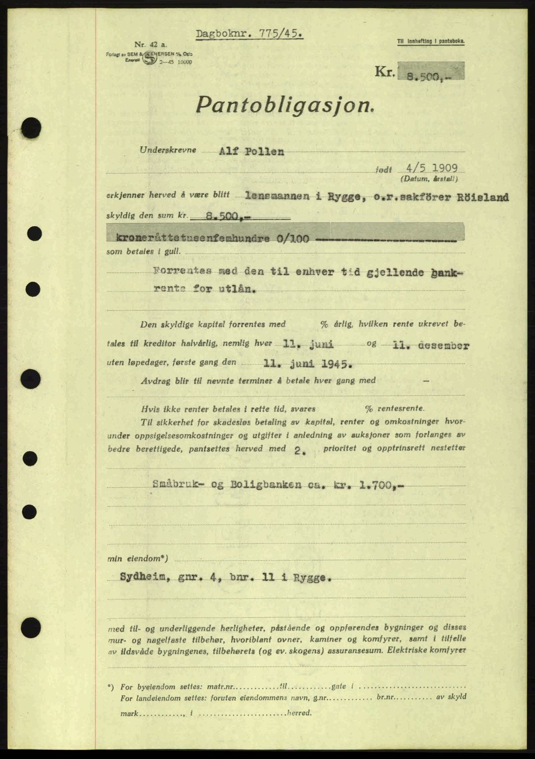 Moss sorenskriveri, SAO/A-10168: Pantebok nr. B13, 1943-1945, Dagboknr: 775/1945