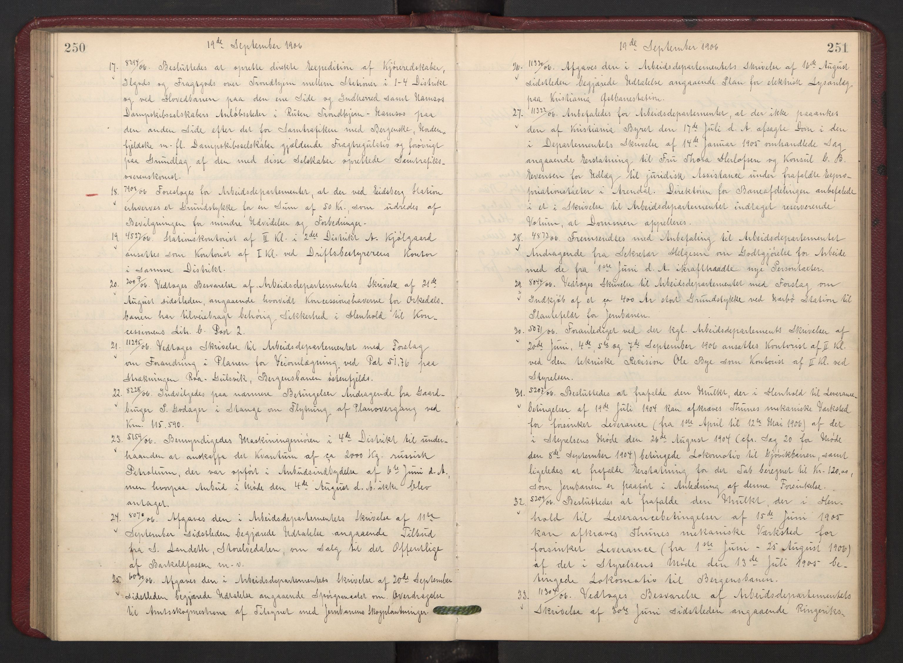 Norges statsbaner, Administrasjons- økonomi- og personalavdelingen, AV/RA-S-3412/A/Aa/L0008: Forhandlingsprotokoll, 1905-1907, s. 250-251