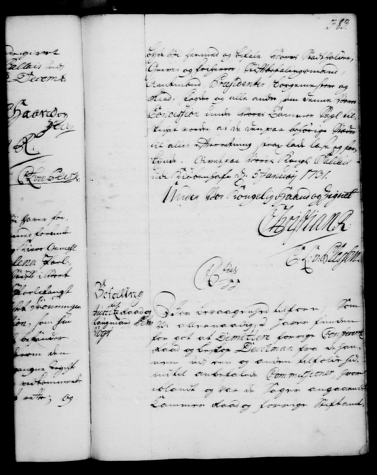 Rentekammeret, Kammerkanselliet, RA/EA-3111/G/Gg/Gga/L0003: Norsk ekspedisjonsprotokoll med register (merket RK 53.3), 1727-1734, s. 383