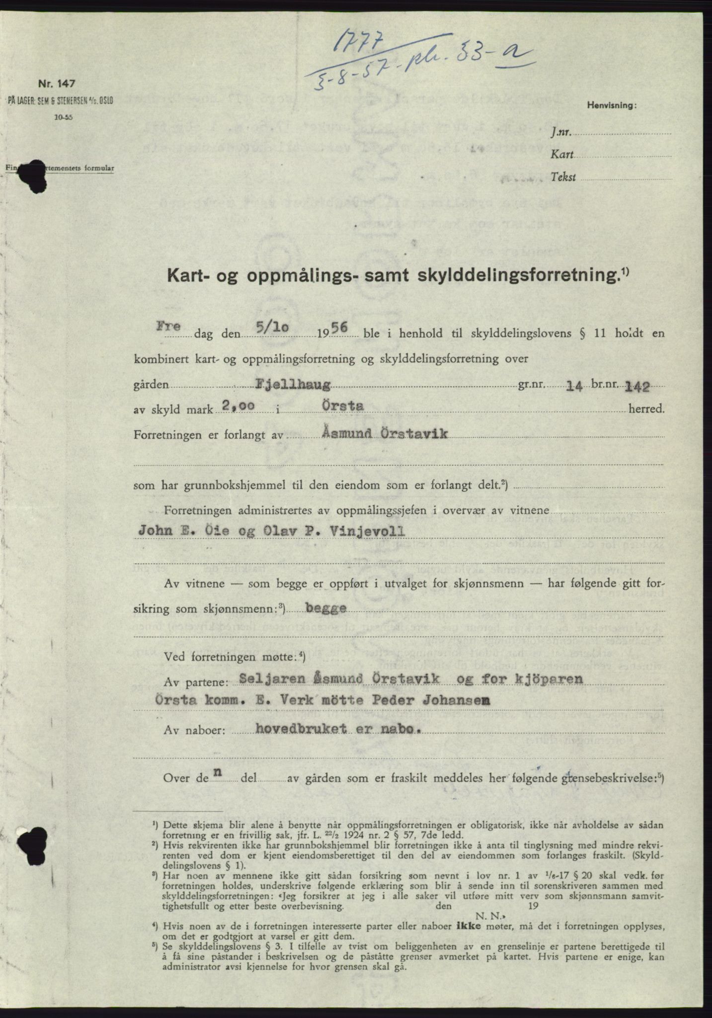 Søre Sunnmøre sorenskriveri, SAT/A-4122/1/2/2C/L0107: Pantebok nr. 33A, 1957-1957, Dagboknr: 1777/1957